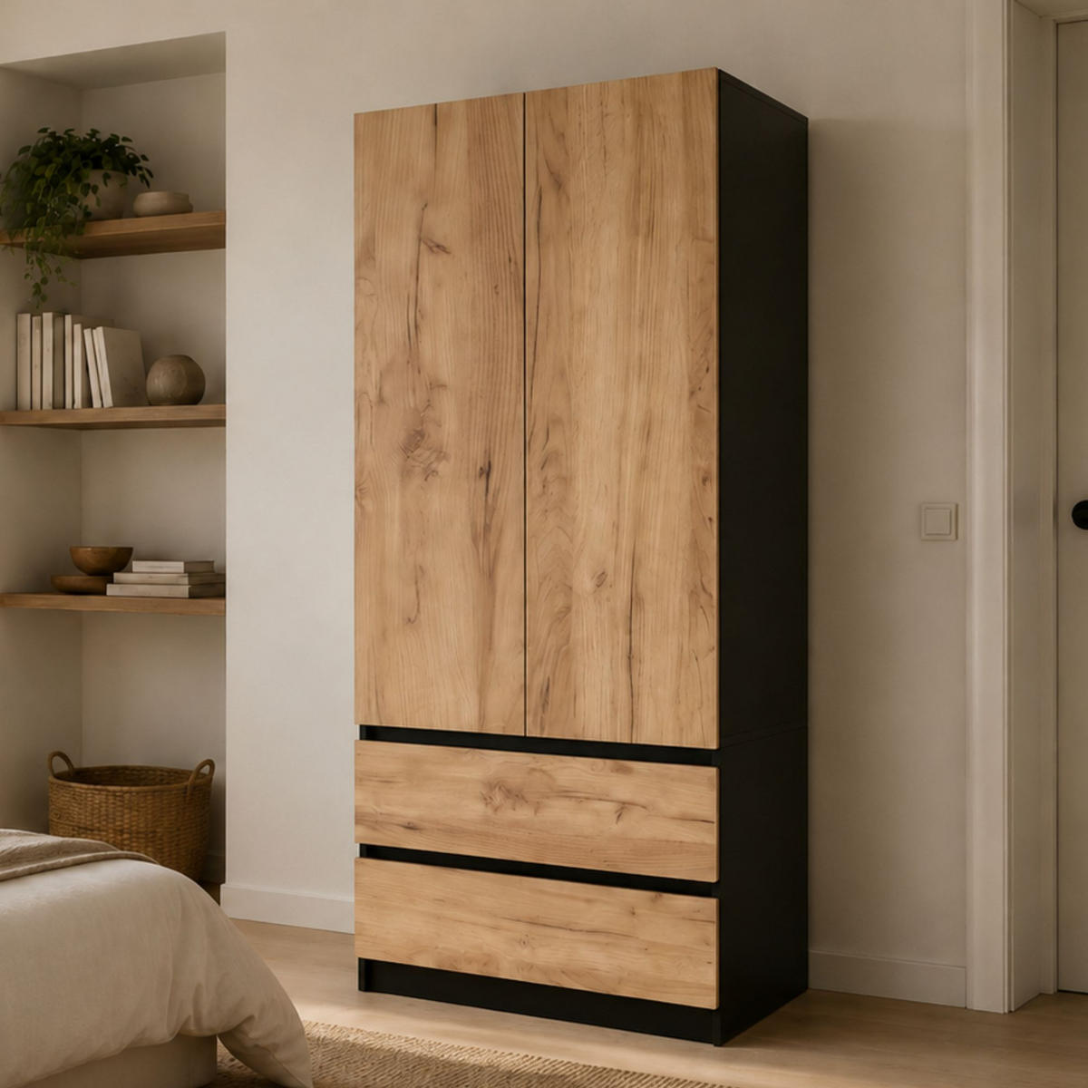 KLEIDERSCHRANK mit 2 Türen und Schubladen in Schwarze Craft-Eiche - Schwarz/Naturfarben, Holzwerkstoff (90/180/50cm) - Home Collective
