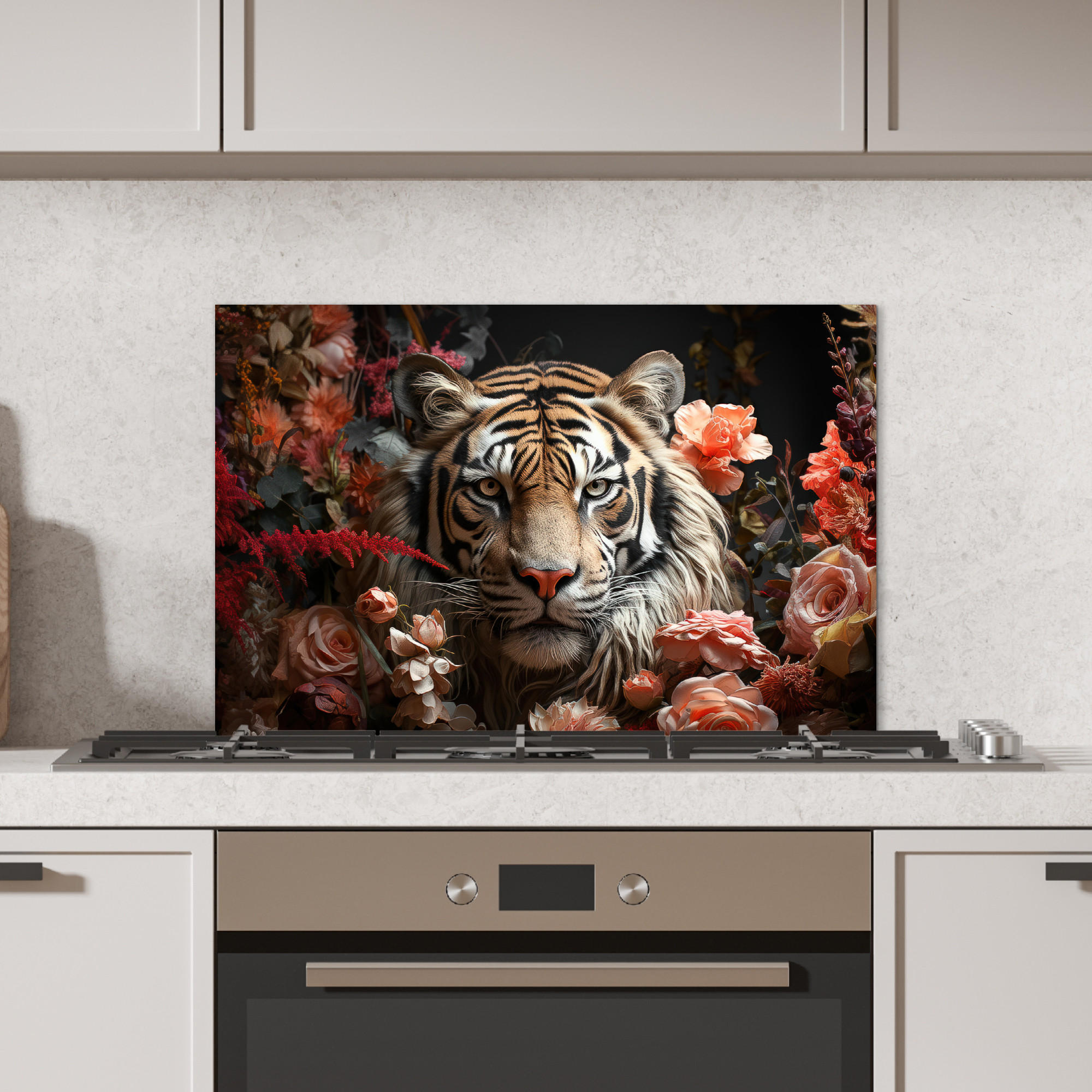 SPRITZSCHUTZ KÜCHE Tiger - Tier - Natur - Floral - Botanisch 70x50 cm - Orange, Metall (70/0.3/50cm) - MuchoWow