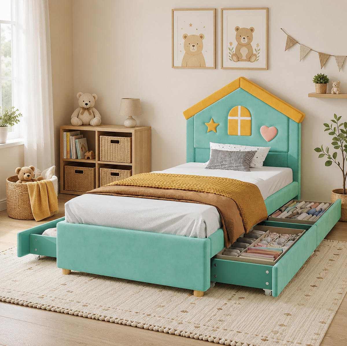 KINDER-POLSTERBETT 90x200 cm in Blaugrün mit Hauskopfteil und 4 Schubladen - Blau, Textil (90/200cm) - IVMEU