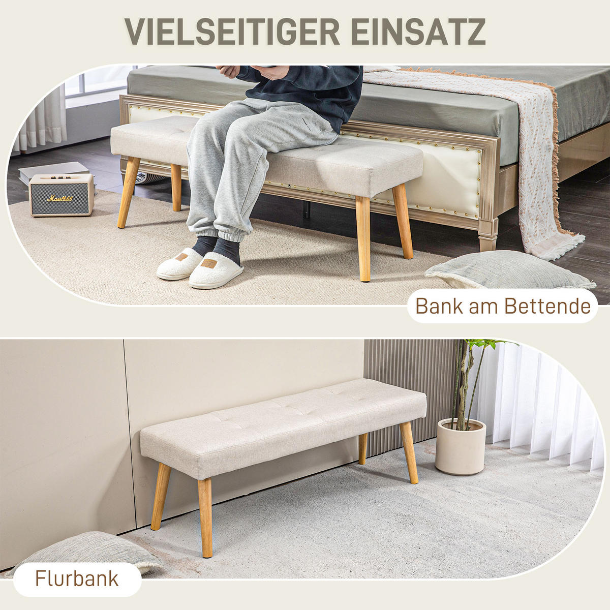 SITZBANK, Polsterbank mit Leinenoptik, Holzbeine 120 x 41 x 43 cm, Creme - Creme, Kunststoff (41/43/120cm) - HOMCOM