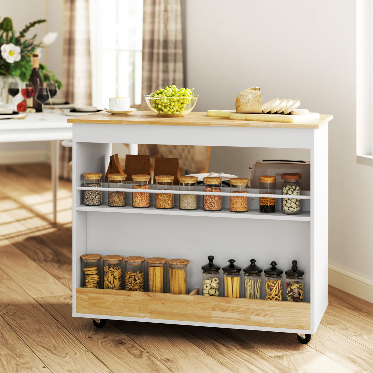 KÜCHENWAGEN Servierwagen mit Arbeitsplatte, Schubladen, Küchenschrank, Eiche - Eichefarben, Holz (50/85/107cm) - HOMCOM