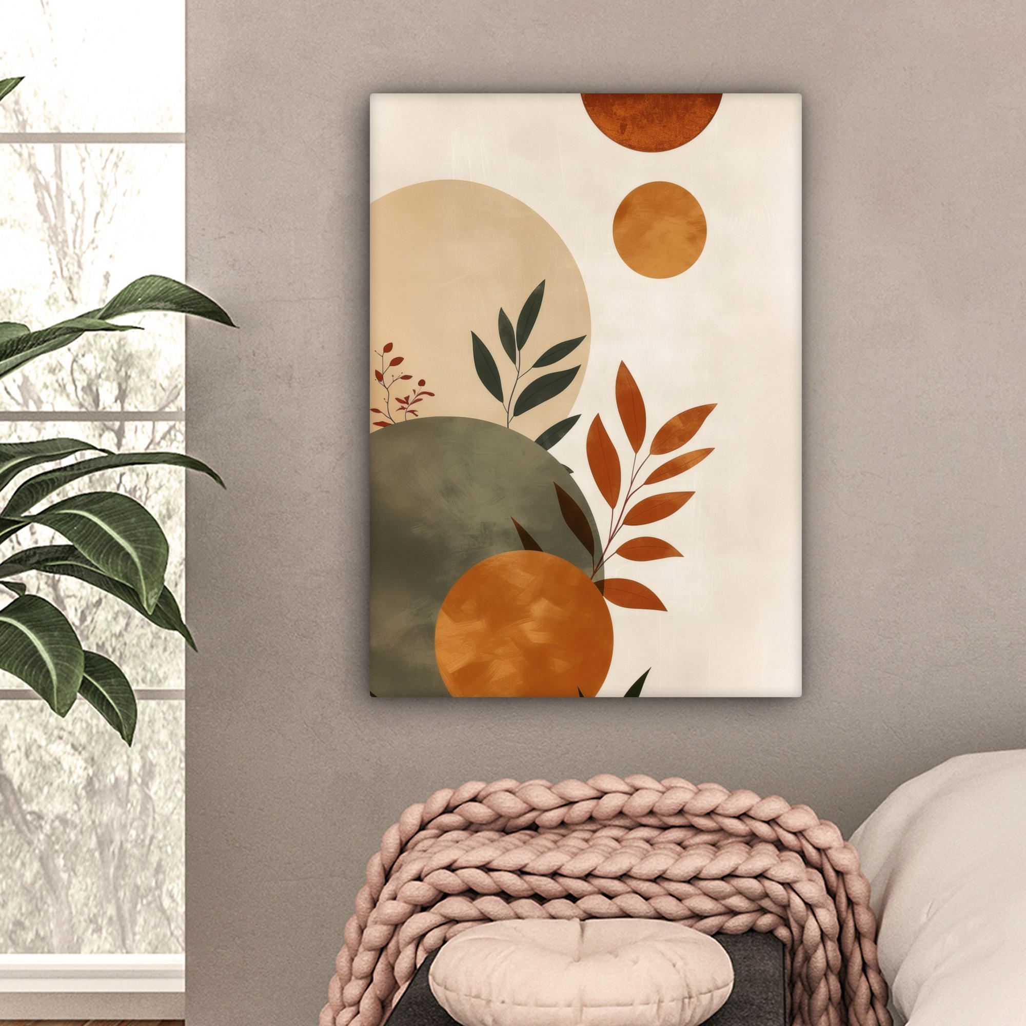 LEINWANDBILD Formen - Rund - Blätter - Beige 60x80 cm - Rostfarben, Textil (60/80cm) - MuchoWow