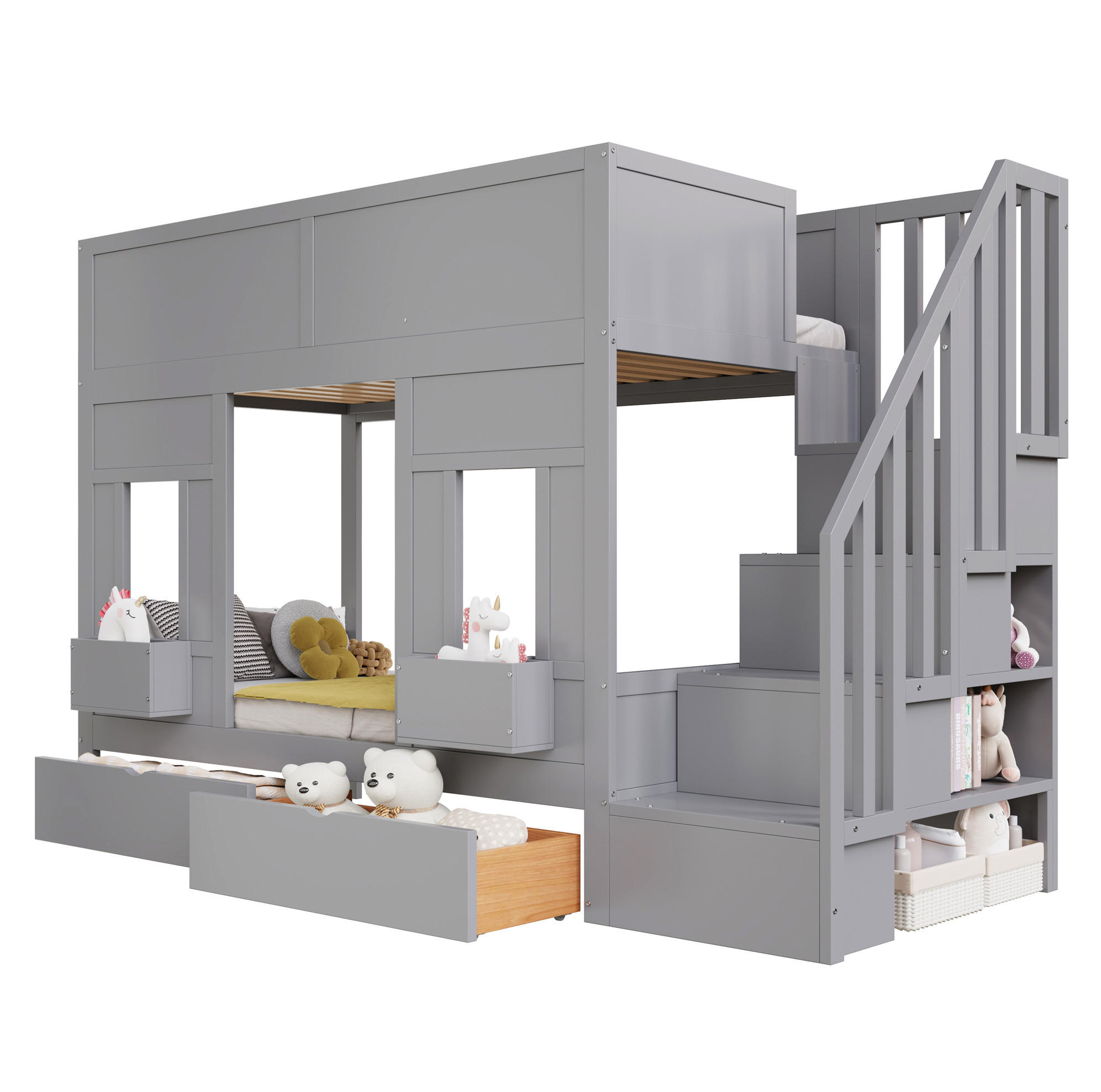 ETAGENBETT 90/200 cm mit Stauraumtreppe, Schubladen und Fensterdesign,Grau - Grau, Holzwerkstoff (90/200cm) - Redom