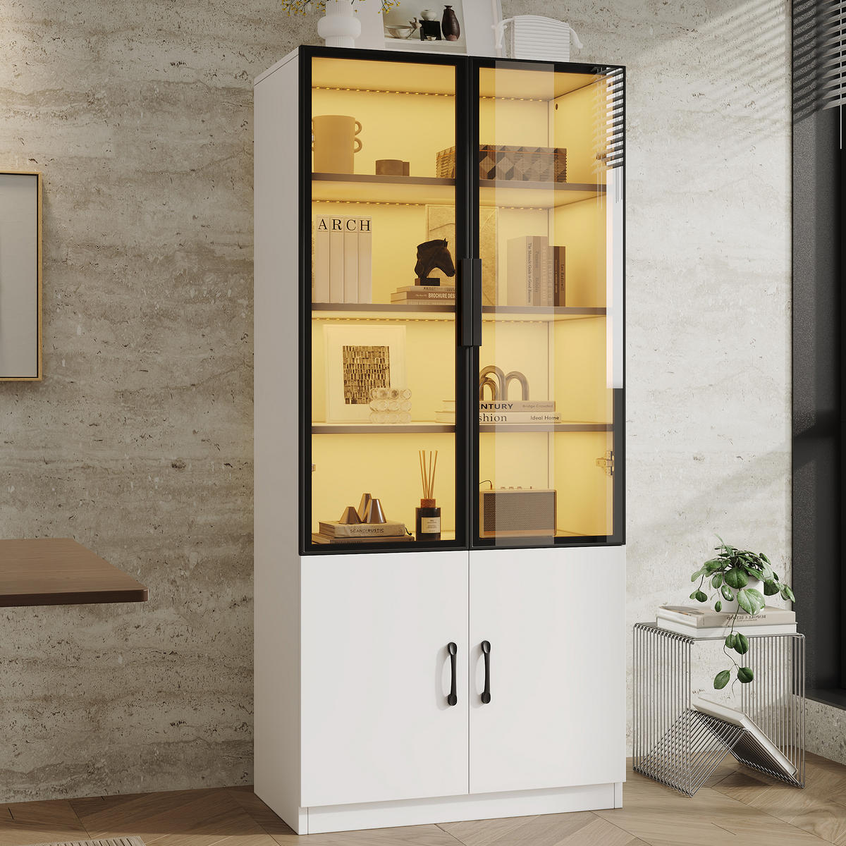 VITRINE LED Rauchglas Aluminiumrahmen 160cm 2 Türen Bücherregal - Weiß, Glas (120/160/40cm) - FLIEKS