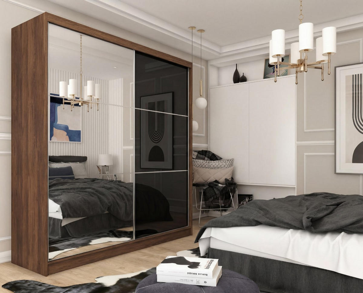 SCHWEBETÜRENSCHRANK Vena 200 cm mit Spiegel 2-türig, Nuss Warmia, lacobel schwarz - Dunkelbraun/Schwarz, Holz/Kunststoff (200/216/61cm) - Margaret Hadas24