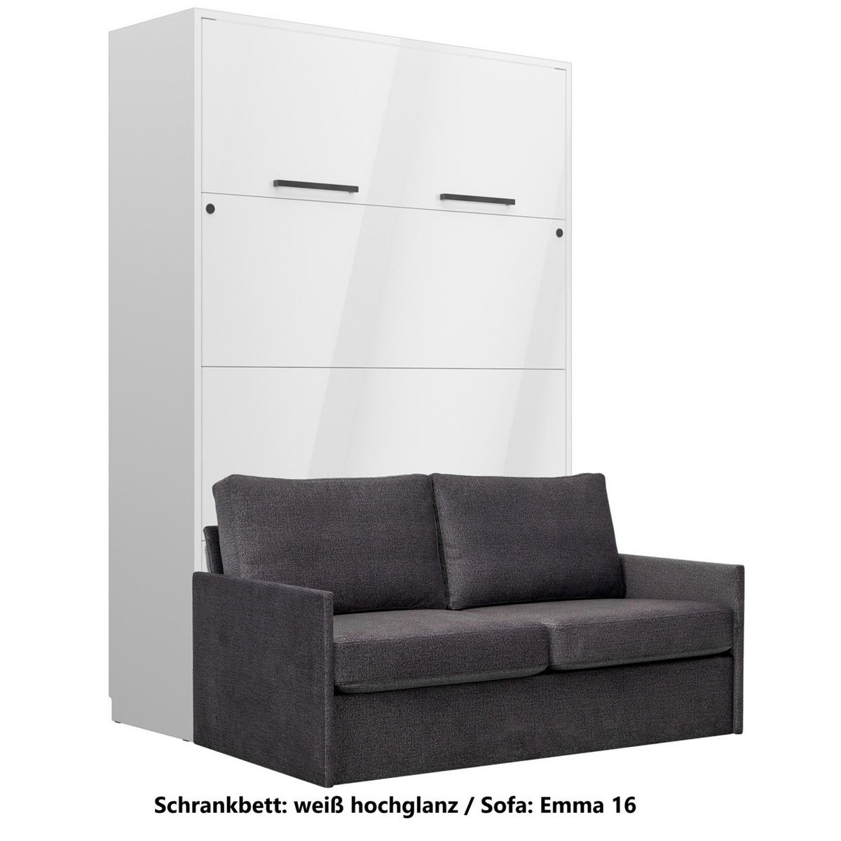 SCHRANKBETT Wandbett GN 140x200 weiß hochglanz mit LED & Sofa - Dunkelgrau - Dunkelgrau/Weiß Hochglanz, Holz/Holzwerkstoff (140/200cm) - QMM TraumMöbel