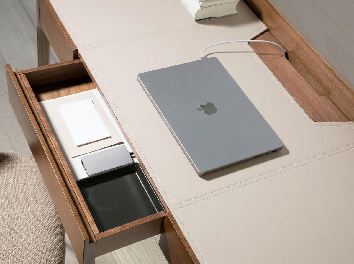 SCHREIBTISCH Schreibtisch mit Kunstleder- und Nussbaumplatte 116/55/82 cm - Walnussfarben/Creme, Holz (55/116/82cm) - ANGEL CERDA