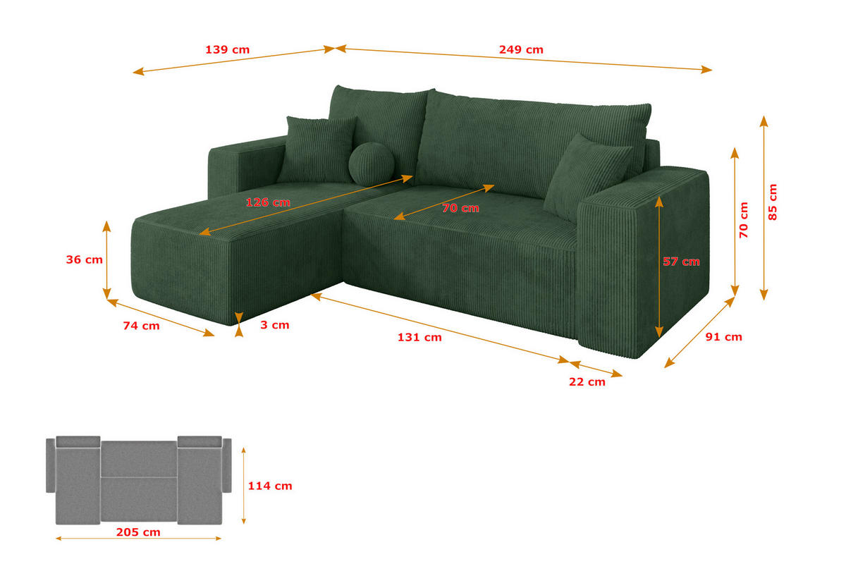 ROHOVÁ SEDAČKA s funkcí spaní, otoman vlevo SENO-L 249x139x85 zelená manšestr - černá/tmavě zelená, kompozitní dřevo/textil (249/139cm) - ALTDECOR