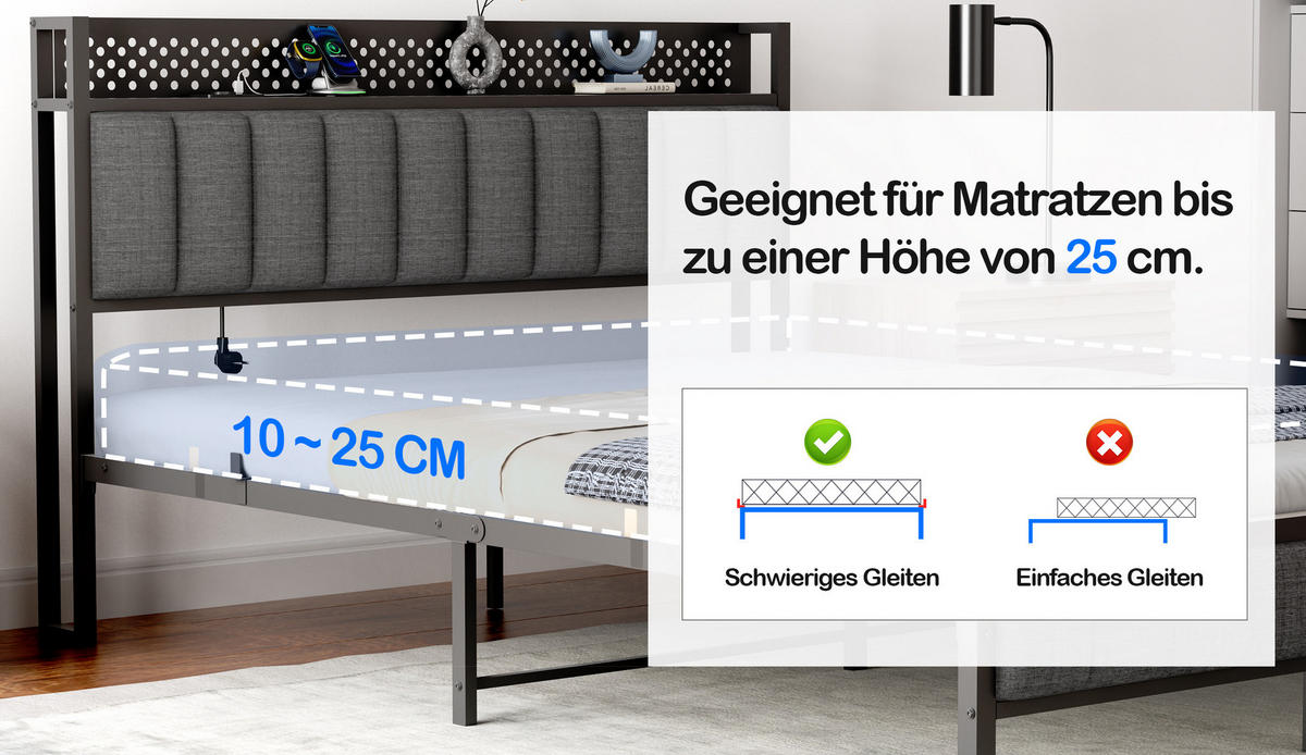 METALLBETT 140/200 cm mit Ablage und USB und Type C Anschlüssen in Schwarz - Schwarz, Metall (140/200cm) - BEAOK
