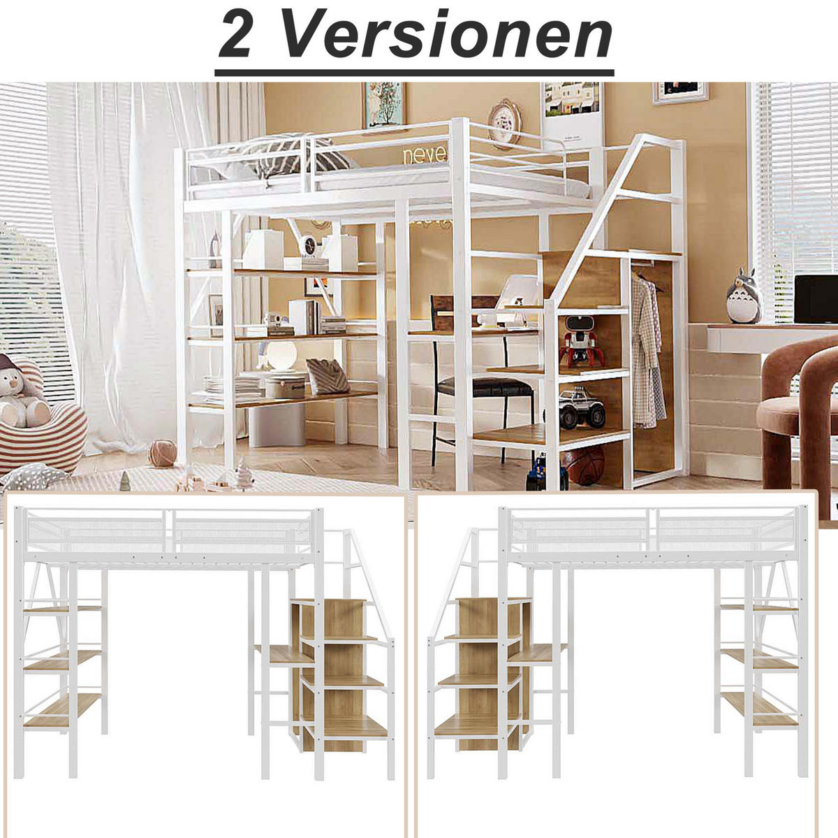 HOCHBETT 140/200 cm Weiß aus Metall mit Schreibtisch und Kleiderschrank - Weiß, Metall (140/200cm) - MIVRAY
