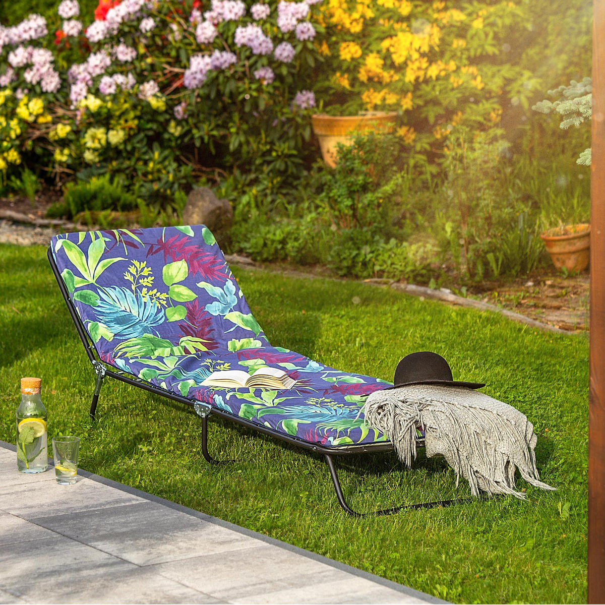 GARTENLIEGESTUHL, 69 x 197 cm, Blätter - Dunkelblau/Grün, Metall (69/197cm) - KADAX