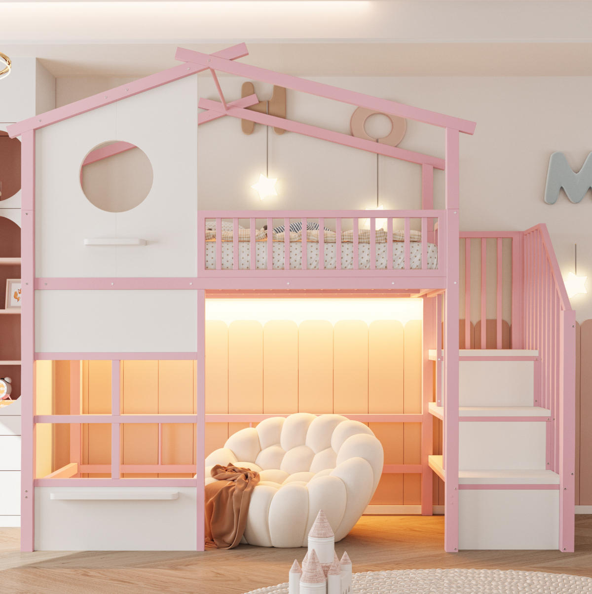 HOCHBETT aus Metall 90x200 cm Weiß/Rosa mit Stauraumtreppe, LED-Lichtband und Hausdesign - Weiß, Metall (90/200cm) - Modfu