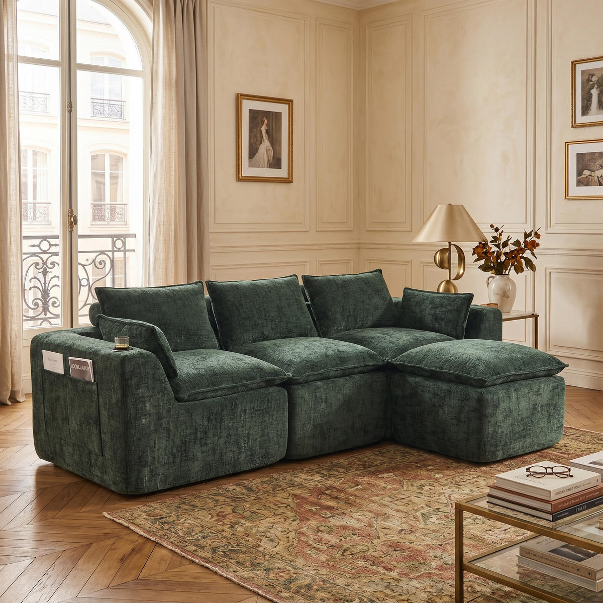 3-SITZER-SOFA aus Chenille, mit Fußhocker und Getränkehalter - Grün, Textil (256/75/161cm) - Urban Meuble