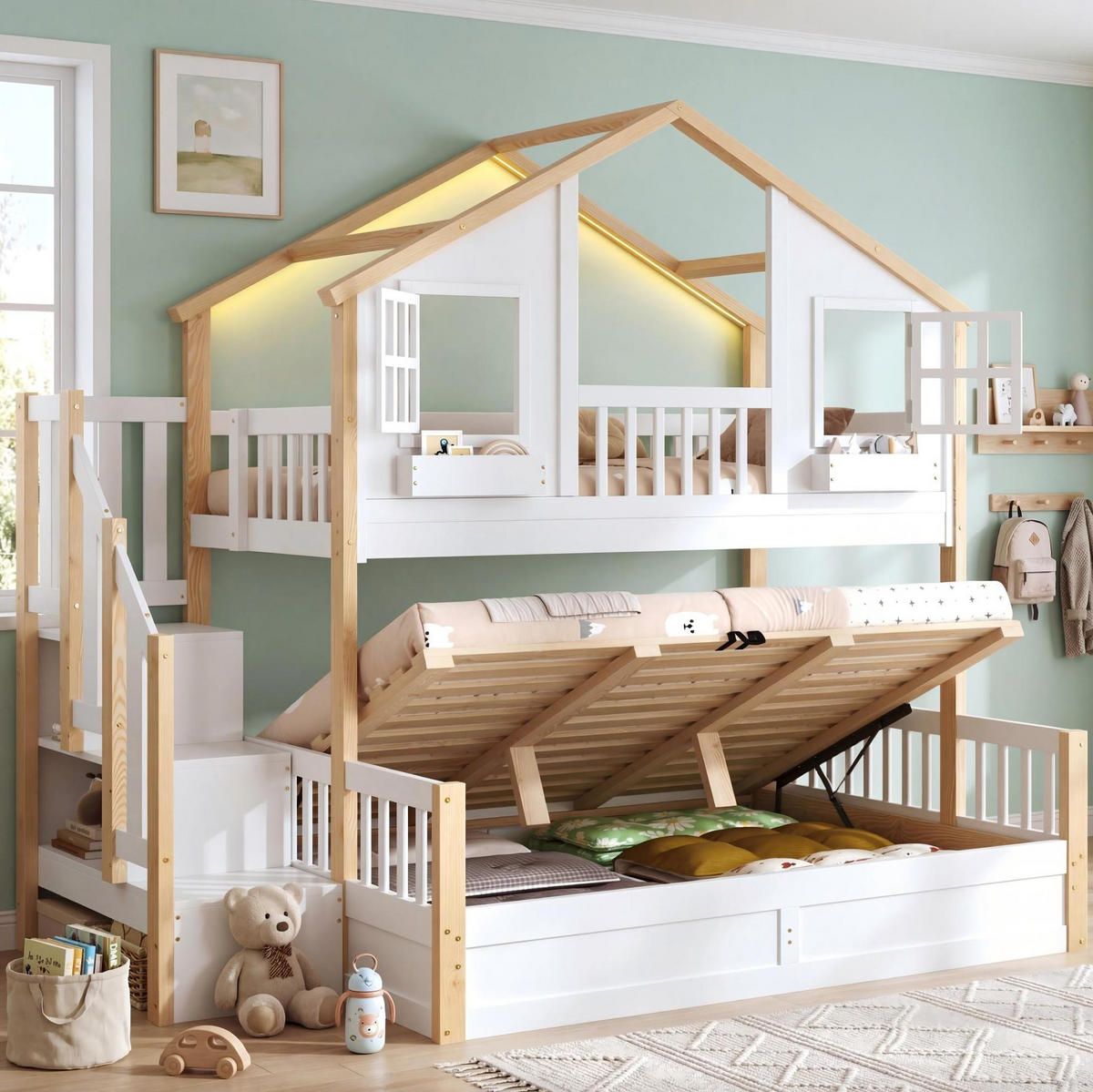 ETAGENBETT 140/200 cm weiß aus Kiefer mit LED und Stauraumtreppe - Weiß, Holzwerkstoff (90/200cm) - OKWISH