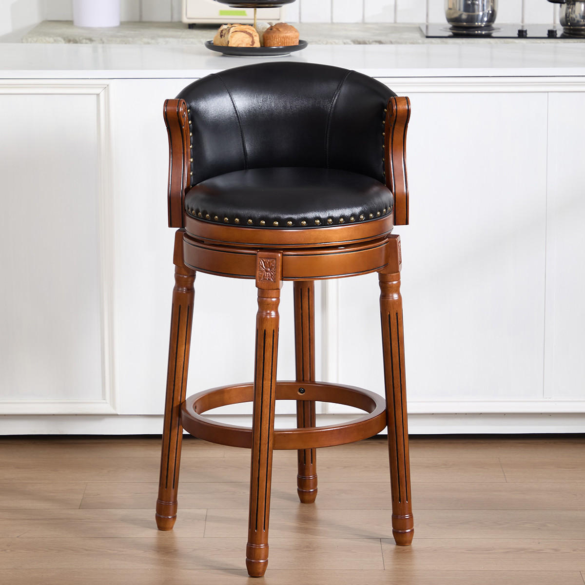 BARHOCKER 1er-Set Schwarz aus Echtleder & Holz 360° Drehbar mit Rückenlehne - Schwarz, Holz (54.8/96/54.8cm) - PANGIVO