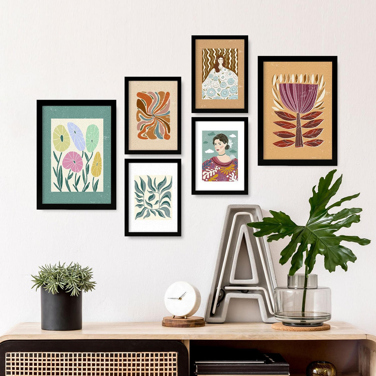 POSTER Set Mit 6 Drucken Von Blumen In Der Sammlung Ethnischere Ästhetische Dekorative Rahmen Für Ihr Zuhause Wandkunstdruck A3 & A4 Schwarzer Rahmen - Schwarz, Papier (29/3cm) - Nacnic