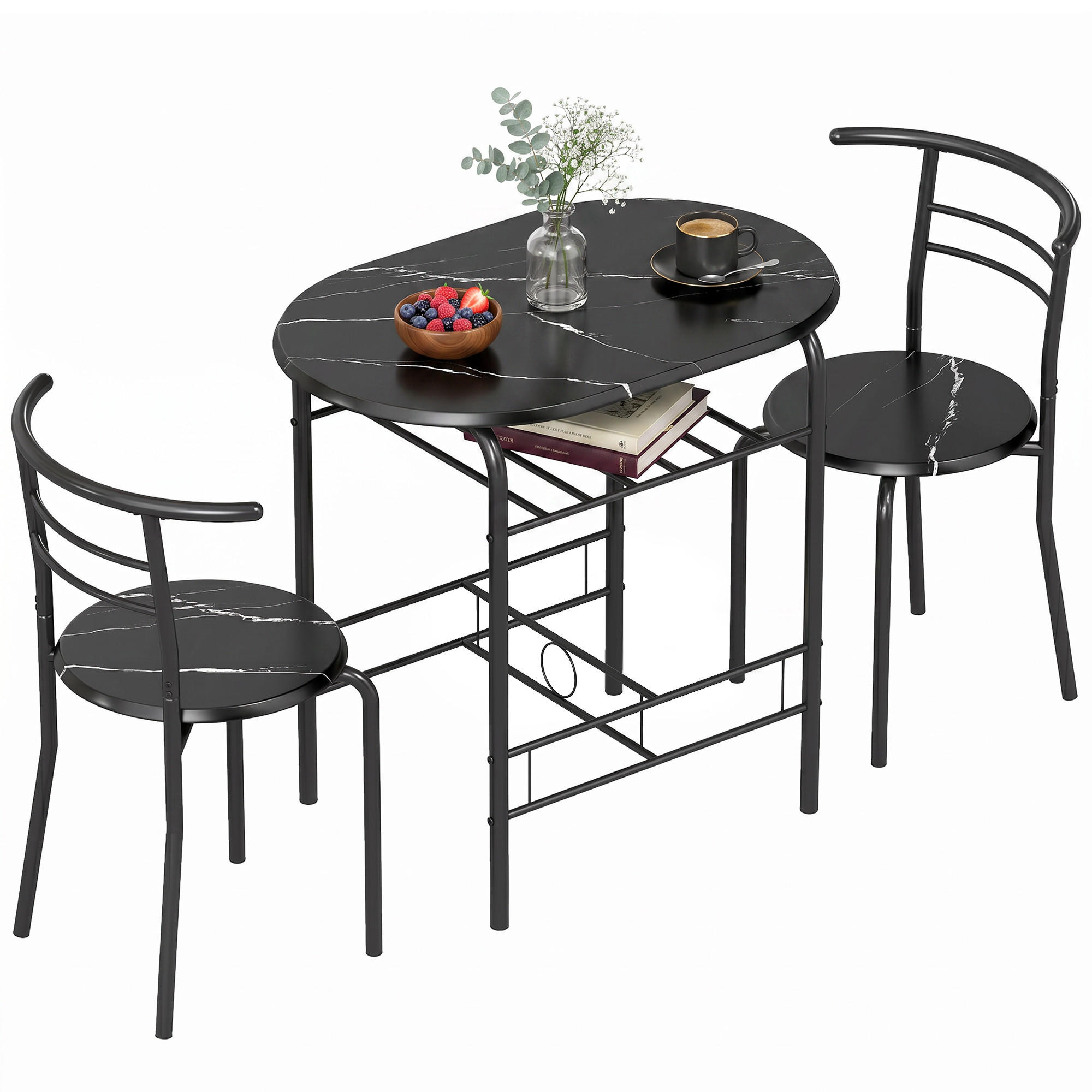 ESSGRUPPE, 2/3-teilig, schwarze Marmoroptik - Schwarz, Holzwerkstoff (52/76/80cm) - Vallsero