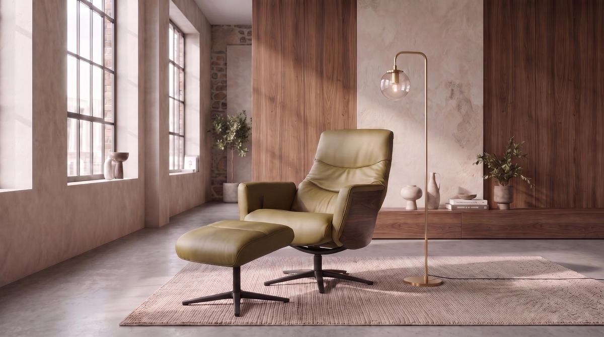 RELAXSESSEL VANITAS Grün Leder Relaxfunktion - Schwarz/Olivgrün, Leder/Metall (75/108/86cm) - KAWOLA