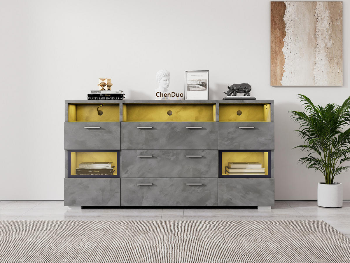 SIDEBOARD in Grau mit LED und transparenten Acryltüren, 2 Türen und 3 Schubladen, 140/33,5/72,5 cm，Grau - Grau, Holzwerkstoff (140/72.5/33.5cm) - Redom