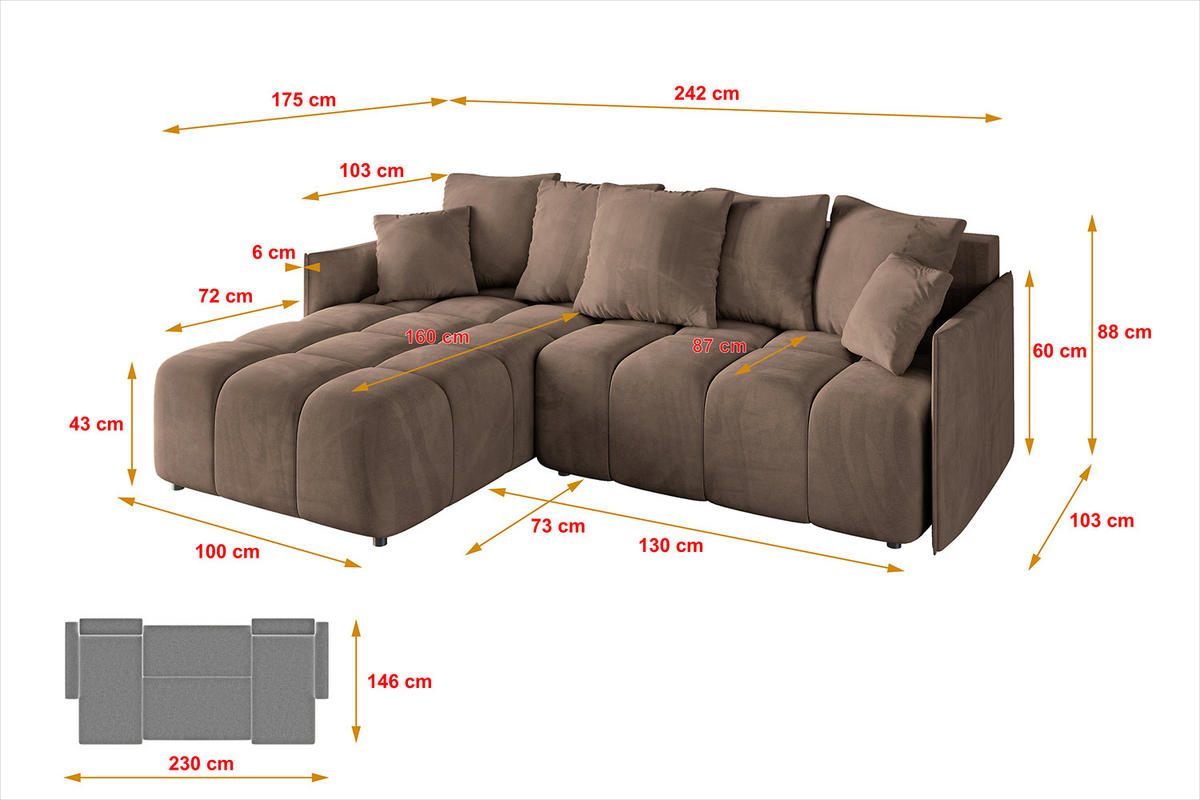ECKSOFA mit Schlaffunktion und Bettkasten LONLI-L 242x175x88 Braun Velours - Braun, Holzwerkstoff/Kunststoff (242/175cm) - ALTDECOR