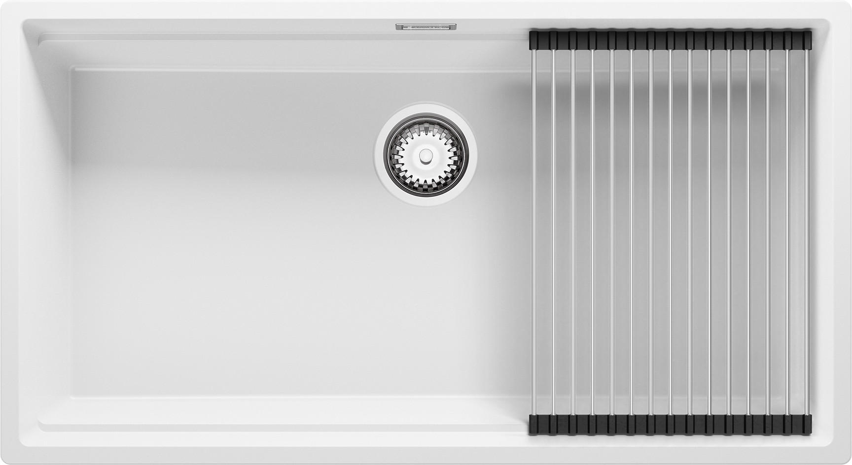 SPÜLBECKEN Praga Slim, 2-er set Weiß 86/47 cm 1 Becken + Ablauf-Set + Aufrollbare Abtropffläche ab 90er Unterschrank - Chromfarben/Weiß, Kunststoff (86/20/47cm) - Primagran