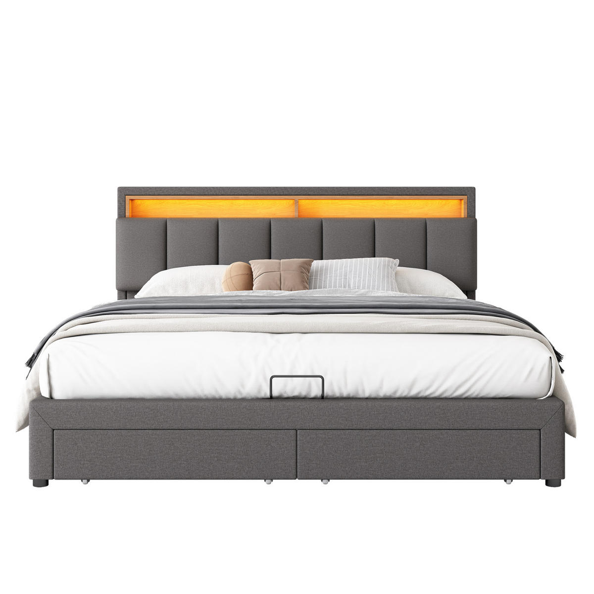 POLSTERBETT 180/200 cm dunkelgrau aus Leinen mit LED und Bettkasten - Dunkelgrau, Textil (180/200cm) - OKWISH