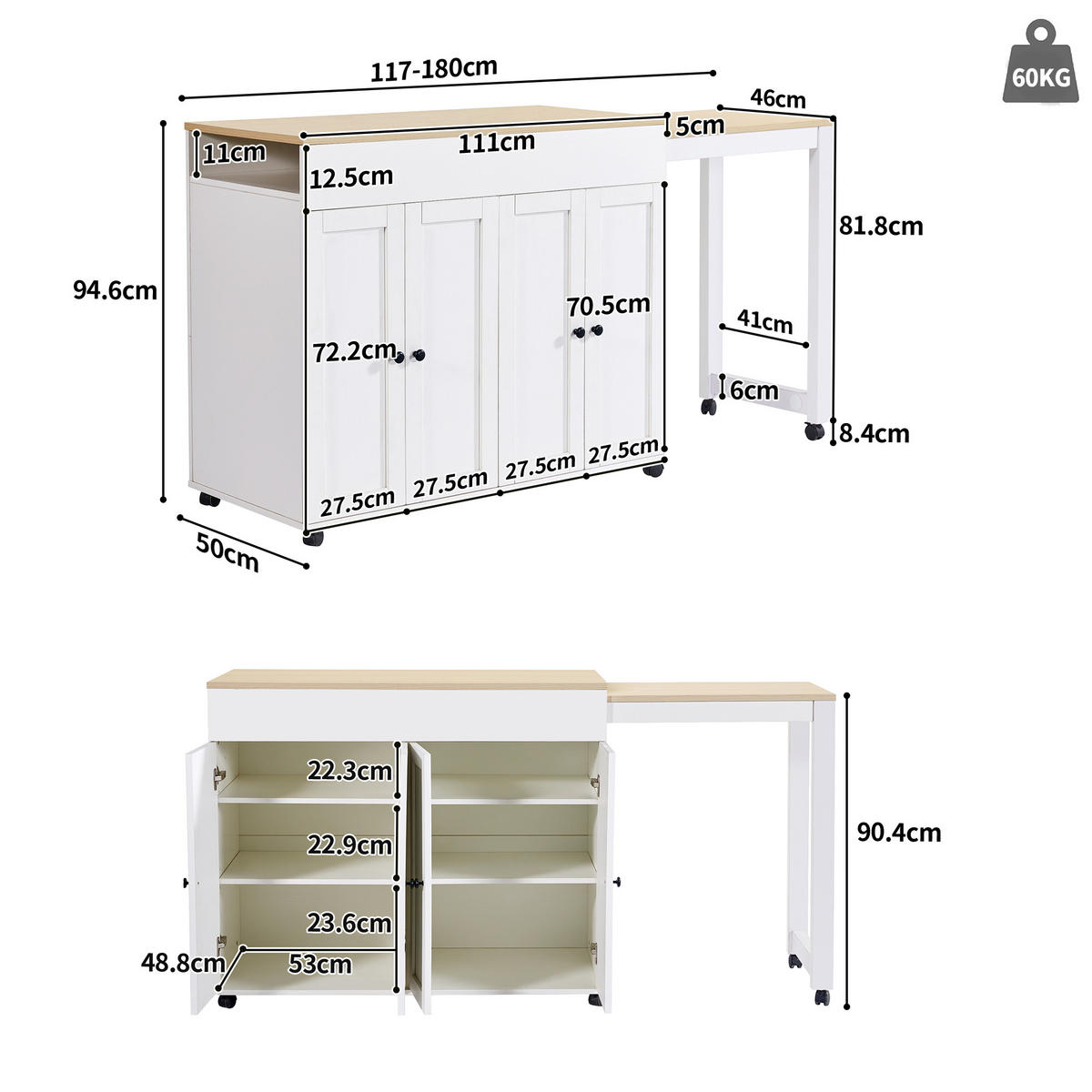 BARTISCH aus MDF, ausziehbar 117-180/50/94,6 cm mit 6 Ablagefächern, Weiß - Weiß, Holzwerkstoff (50/94.6/117cm) - Redom