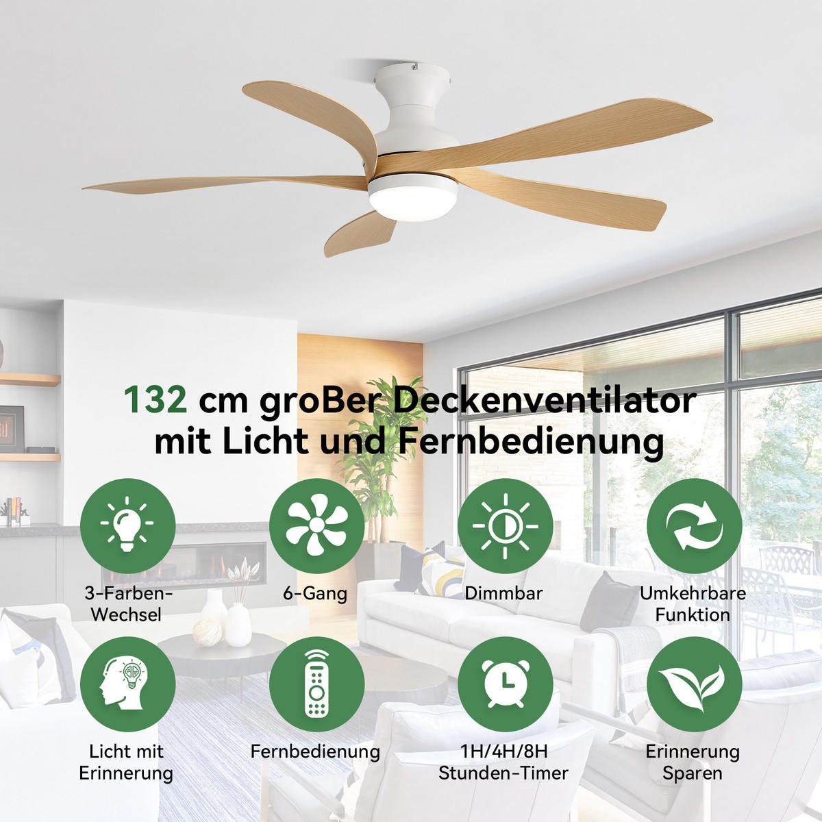 DECKENVENTILATOR 132cm Direktmontage LED Licht 5 Flügel DC Motor - Weiß, Kunststoff (132/132/30.5cm) - CASIVA