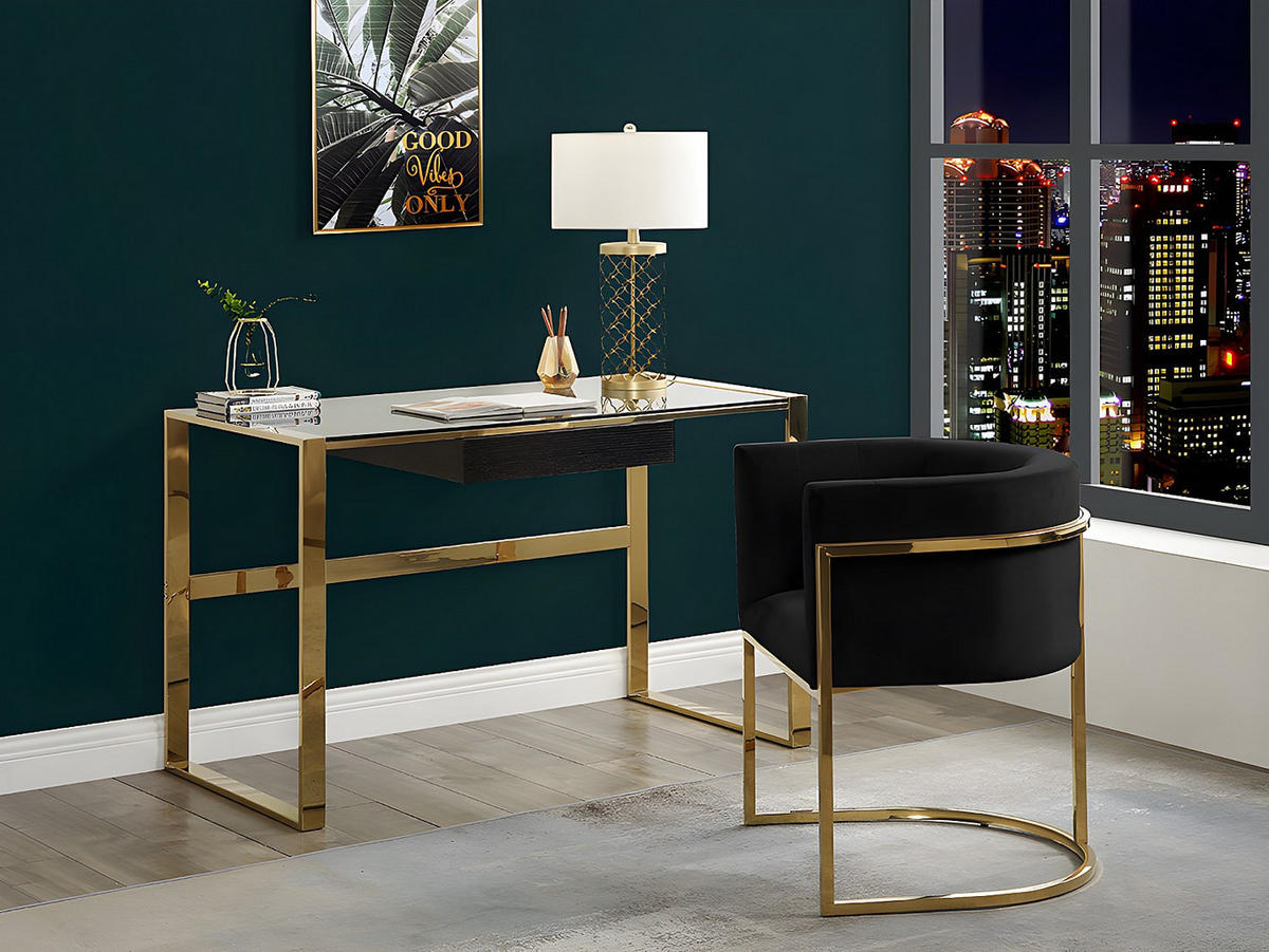 STUHL mit Armlehnen 6er-Set - Samt & Metall - Schwarz & Goldfarben - PERIA - Schwarz, Textil (56.5/76/60cm) - Pascal Morabito