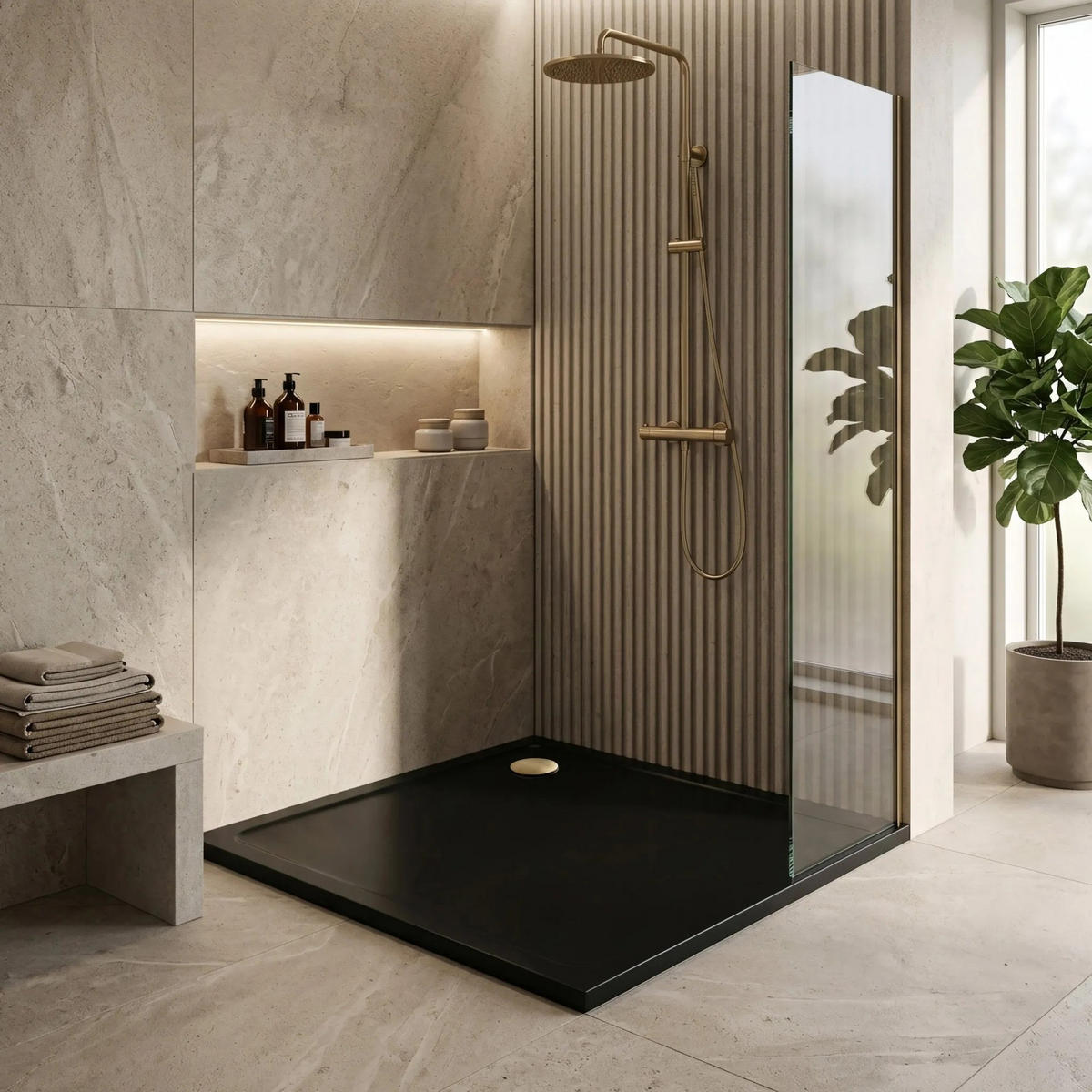ACRYL Duschwanne Rea Savoy Black 80x80 Gebürstete Gold Abdeckung - Schwarz, Keramik (80/6/80cm) - REA