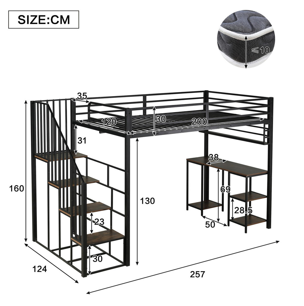 HOCHBETT 120/200 cm aus Metall und Holzwerkstoff mit Schreibtisch und Regal Schwarz/Dunkelwalnuss - Schwarz, Metall (120/200cm) - Modenvie
