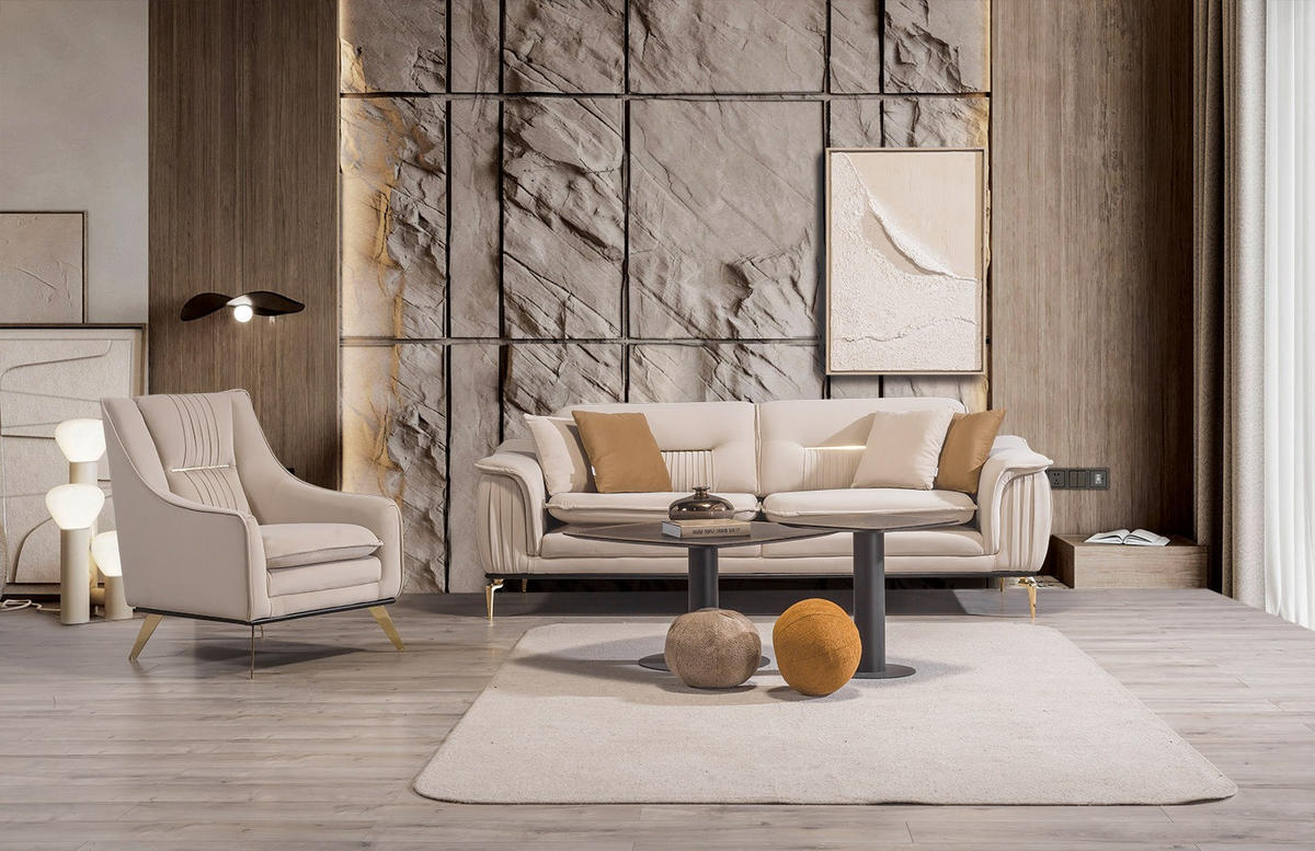 SITZGARNITUR Bologna Creme-Karamell Stellvariante:3+1+1 - Beige, Holz (229/82/92cm) - Villa Möbel