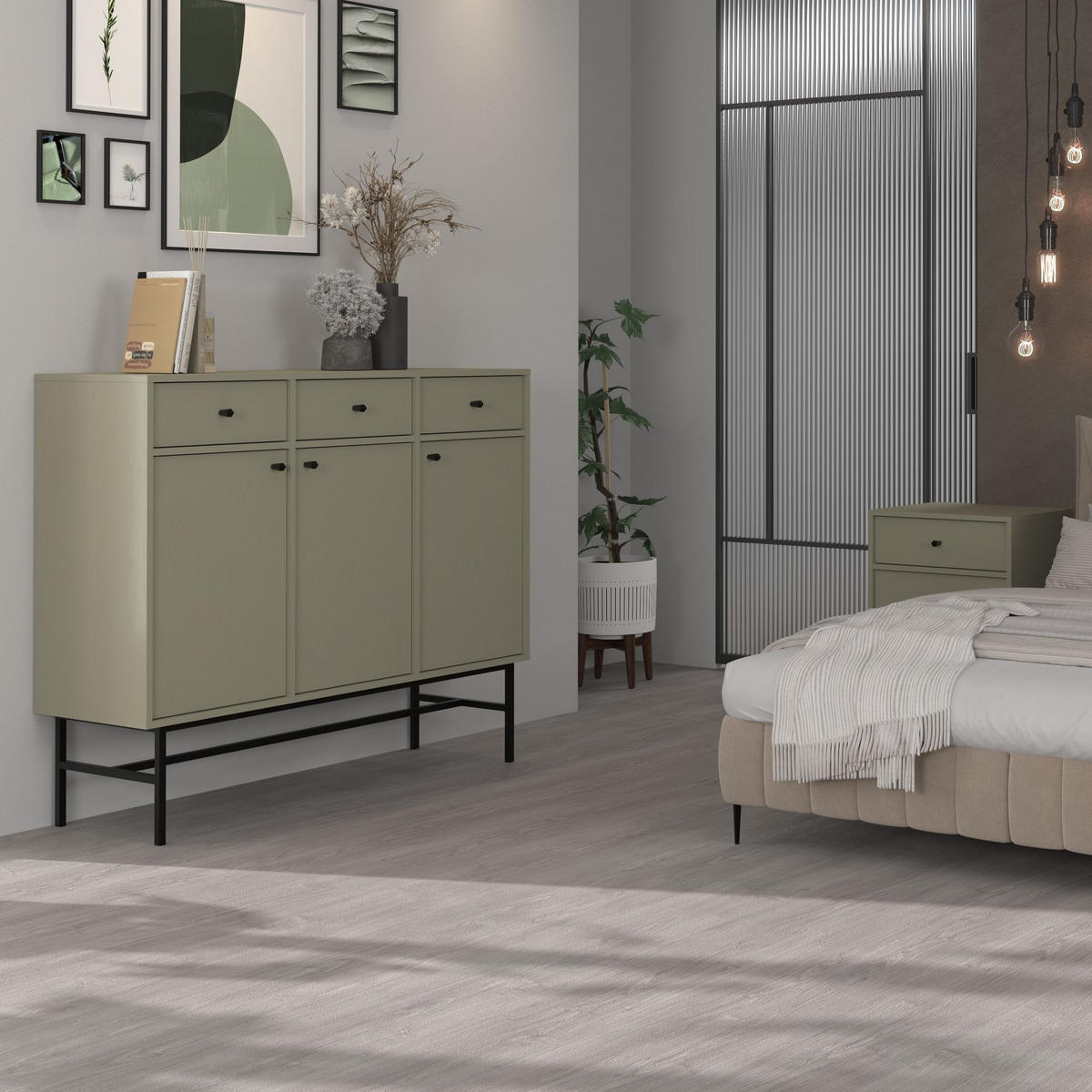 KOMMODE TORINO 125/108/41 cm mit 3 Schubladen 3 Türen Hellgrün - Hellgrün, Holzwerkstoff (125/108/41cm) - MASSENO