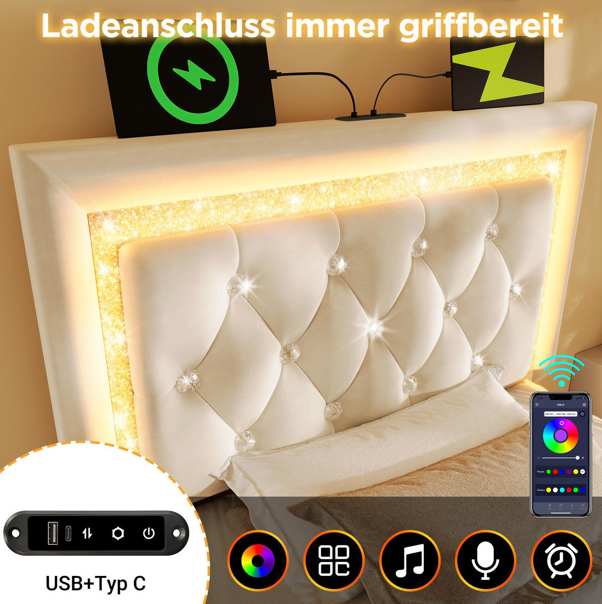 SAMT-POLSTERBETT 90/200 cm mit LED-Beleuchtung, Bettkasten und USB/Type-C - Beige, Textil (90/200cm) - BEAOK