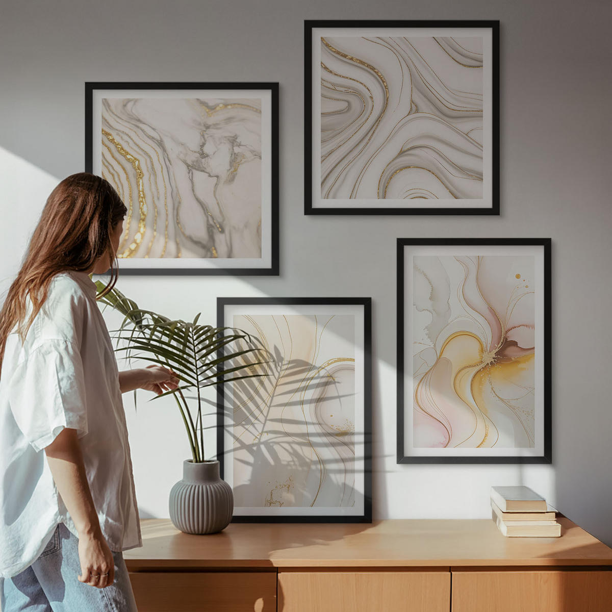 WANDBILDER 4er-Set - 50x50 cm & 40x60 cm Schwarzer Rahmen - Abstrakte warme Muster - Schwarz, Kunststoff (50/50cm) - ArtPrintCave