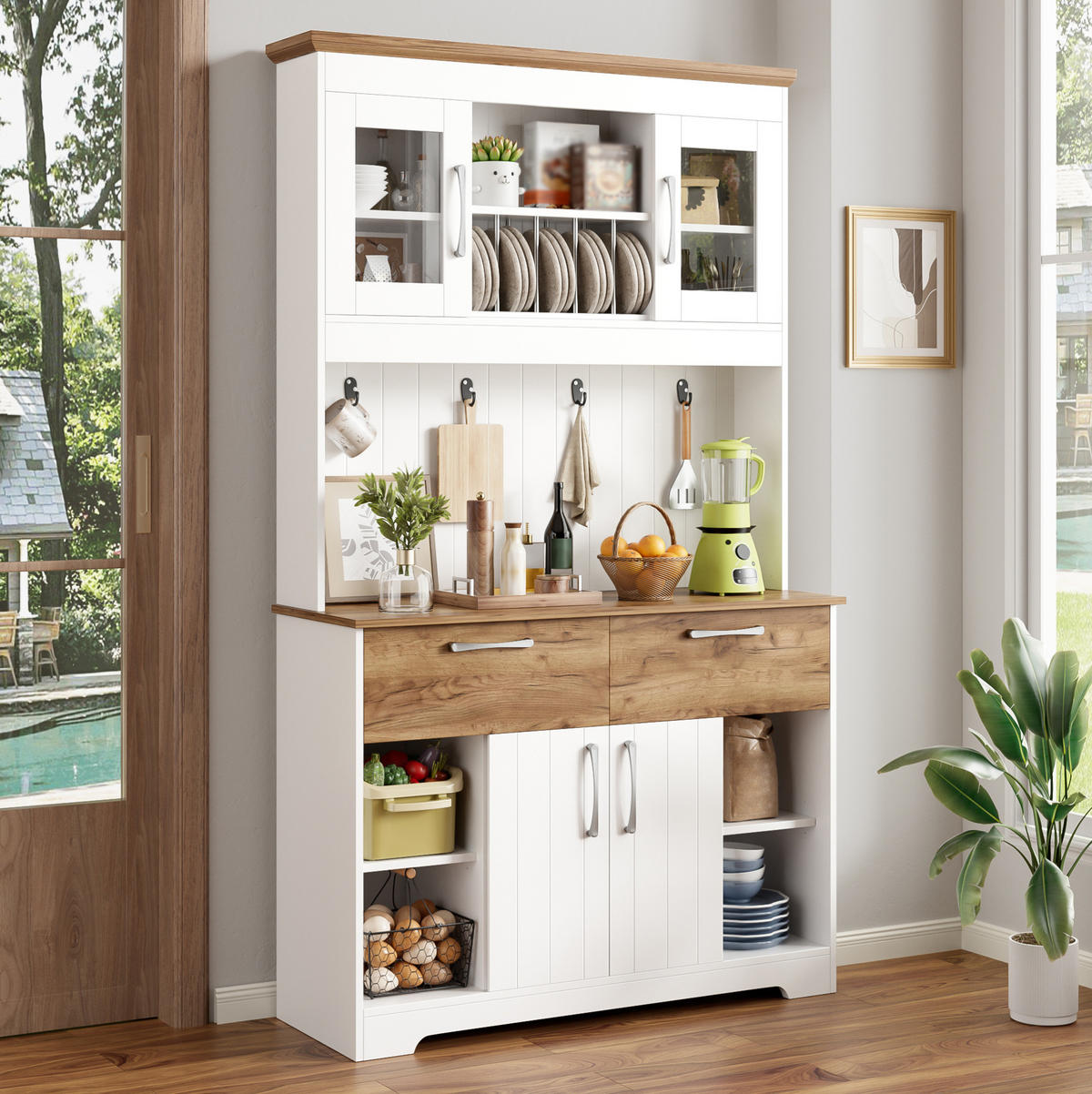 KÜCHENSCHRANK aus Spanplatte 106x39x176,5 cm Weiß/Natur mit Vitrinenfächern, 2 Schubladen und Hakenleiste - Naturfarben, Holzwerkstoff (106/176.5/39cm) - IVMEU