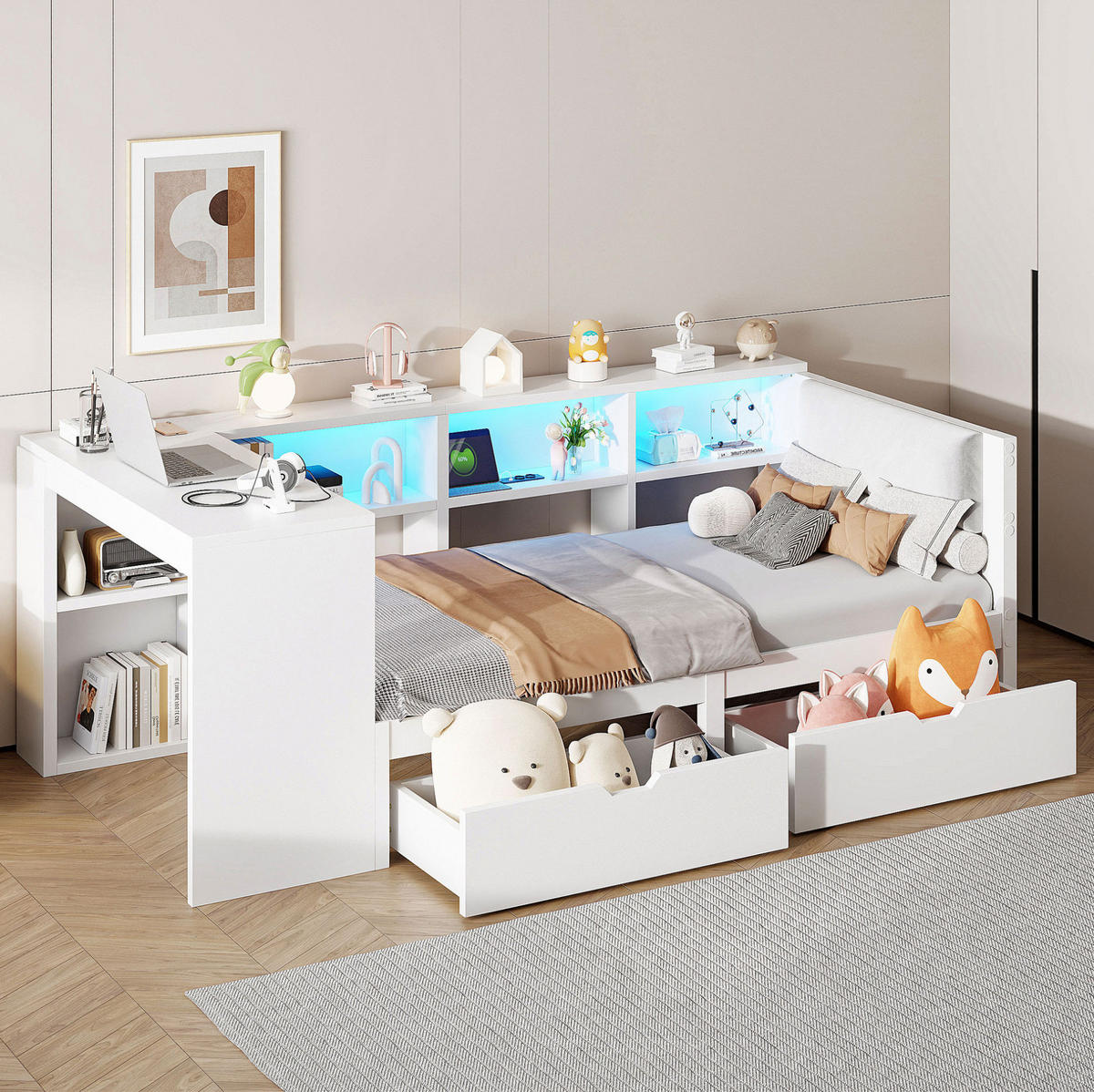POSTEL 90/200 cm, bílá, MDF a překližka, s úložným prostorem, LED a nabíjecí stanicí - bílá, kompozitní dřevo (90/200cm) - BEAOK