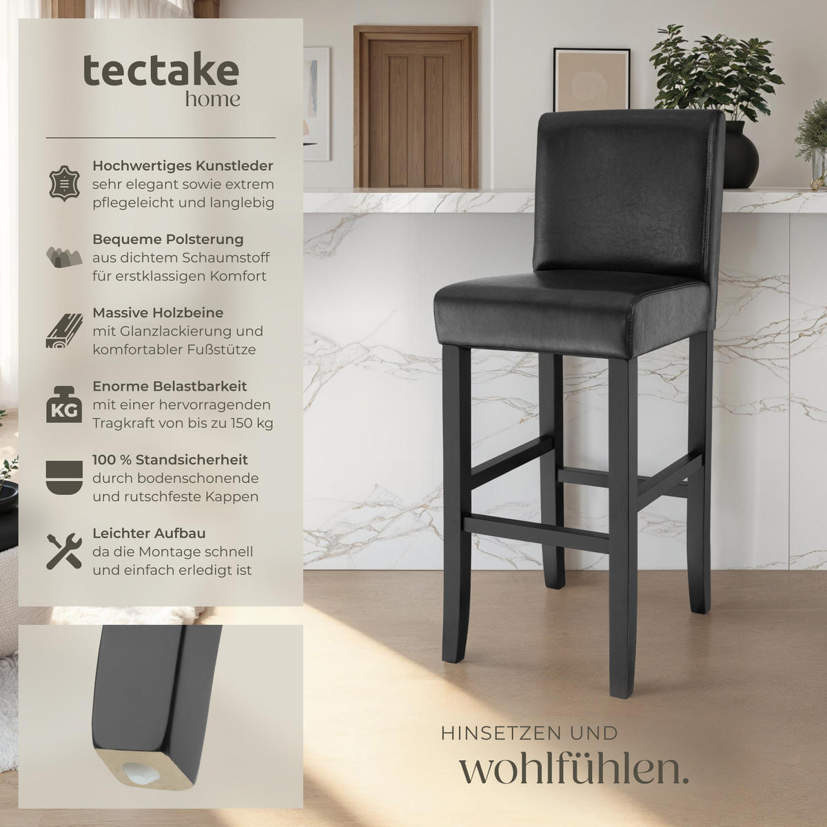 BARHOCKER 4er Set Kunstleder, Sitzhöhe 76 cm,antikbraun - Schwarz, Holz (40/107/41cm) - tectake
