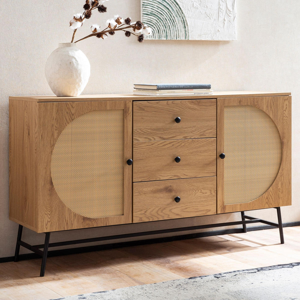 SIDEBOARD – Eiche-Dekor/Rattan, 140x80x40 cm, 2 Türen, 3 Schubladen, hoch - Schwarz/Braun, Holzwerkstoff/Metall (140/80/40cm) - KADIMA DESIGN