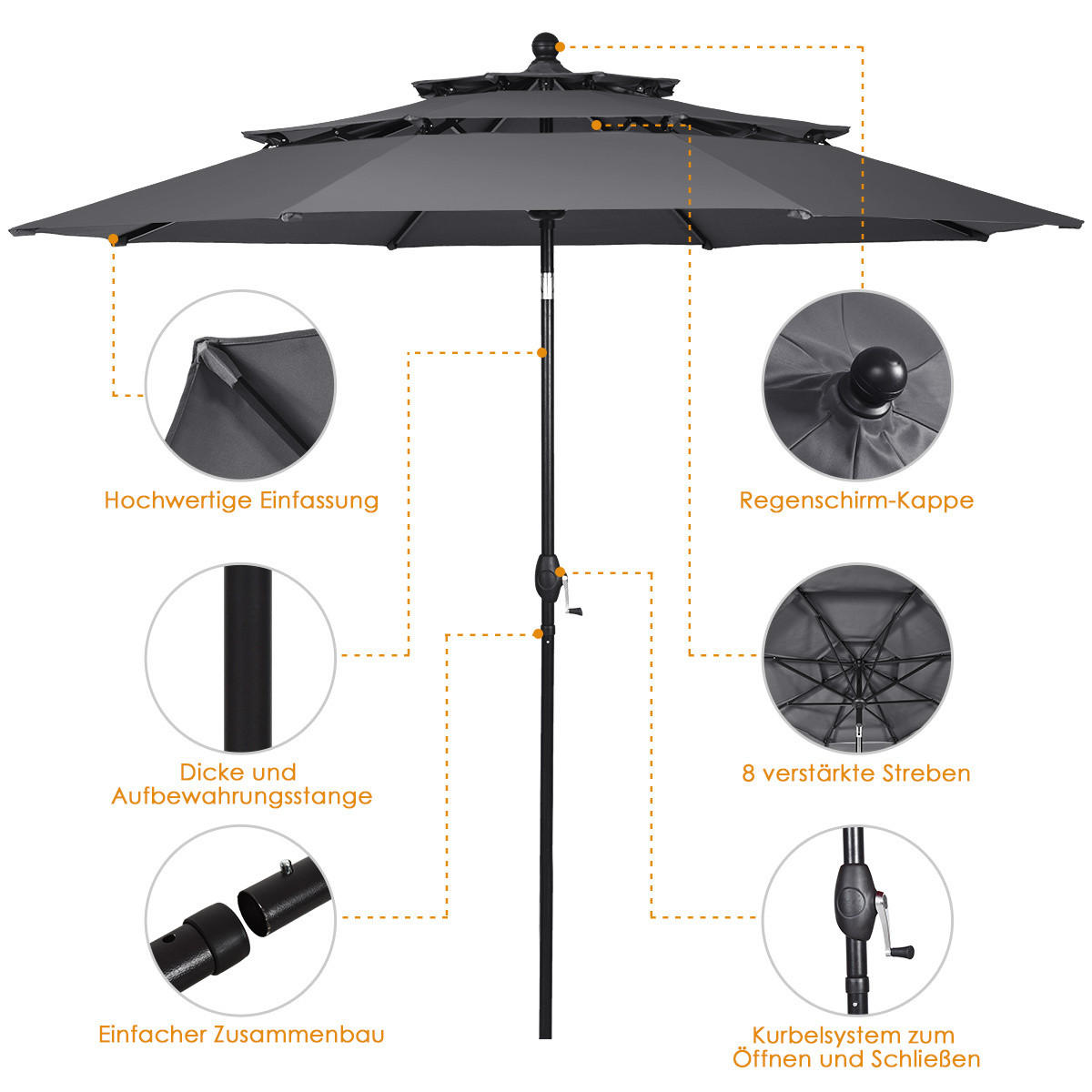 SONNENSCHIRM Grau - Grau, Metall (300/300cm) - COSTWAY