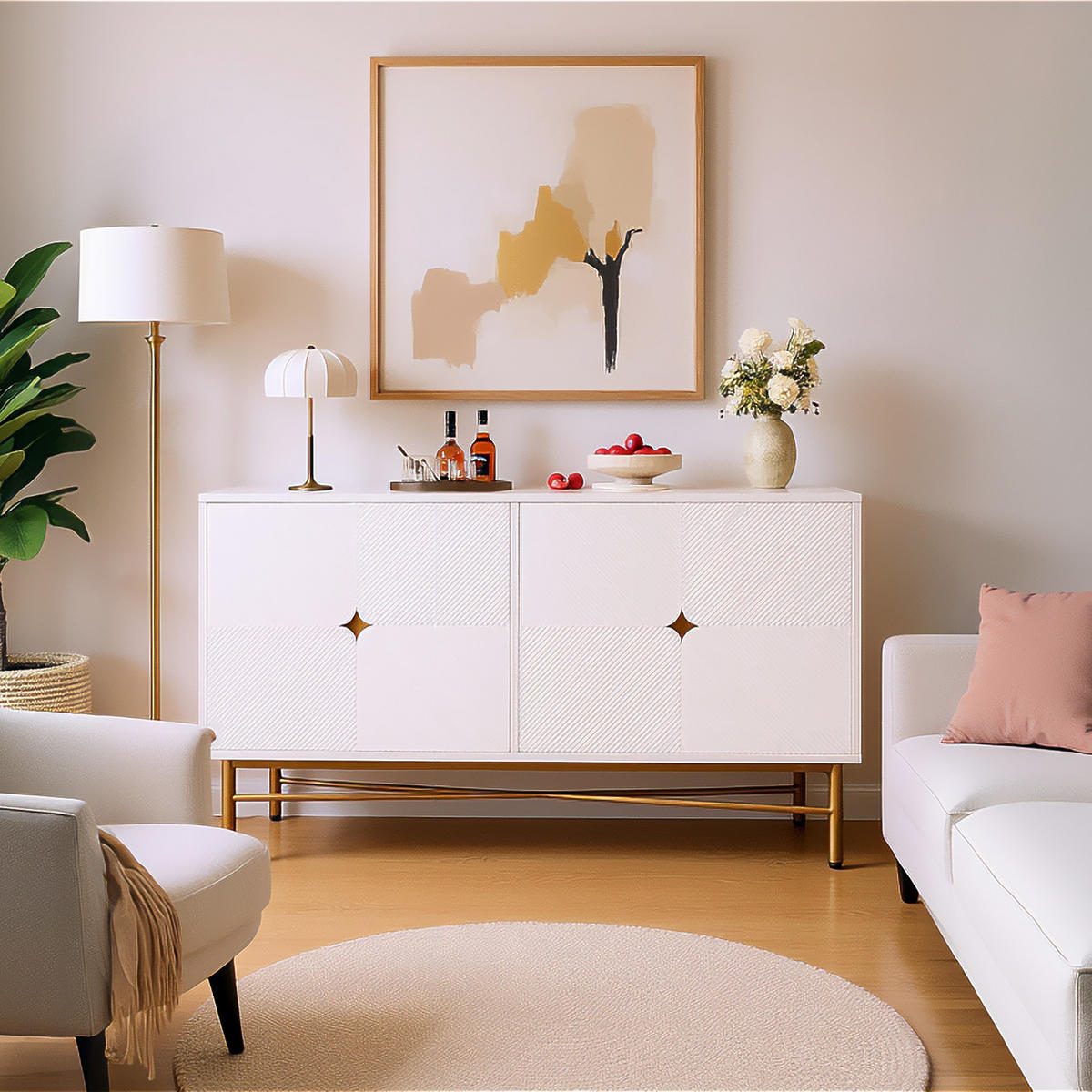 SIDEBOARD in Weiß und Gold, erhabene Textur und 4 Türen - Weiß, Holzwerkstoff (160/82/40cm) - Urban Meuble