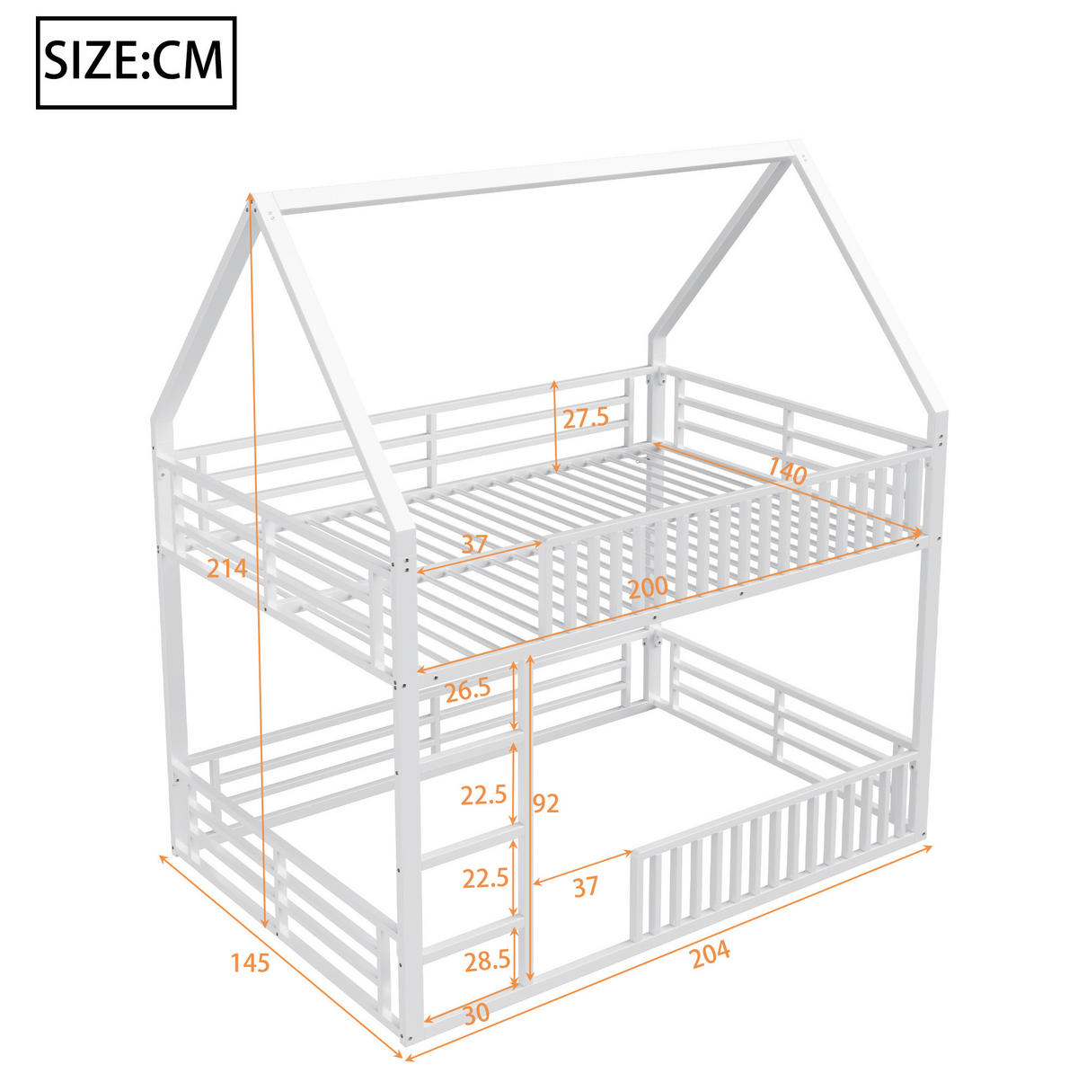 ETAGENBETT in Hausform 140/200 cm, Weiß mit LED und Schutzgeländer - Weiß, Metall (140/200cm) - MIVRAY