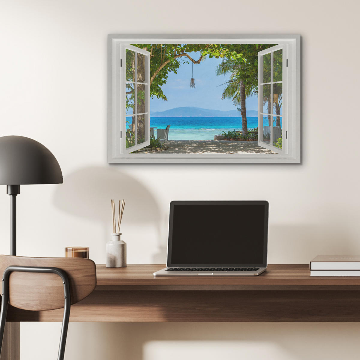 AKUSTIKBILD Aussicht - Baum - Meer - Palme - Hügel - Strand - Blau Wanddeko 70x50 cm - Blau, Kunststoff (70/50/0.9cm) - MuchoWow