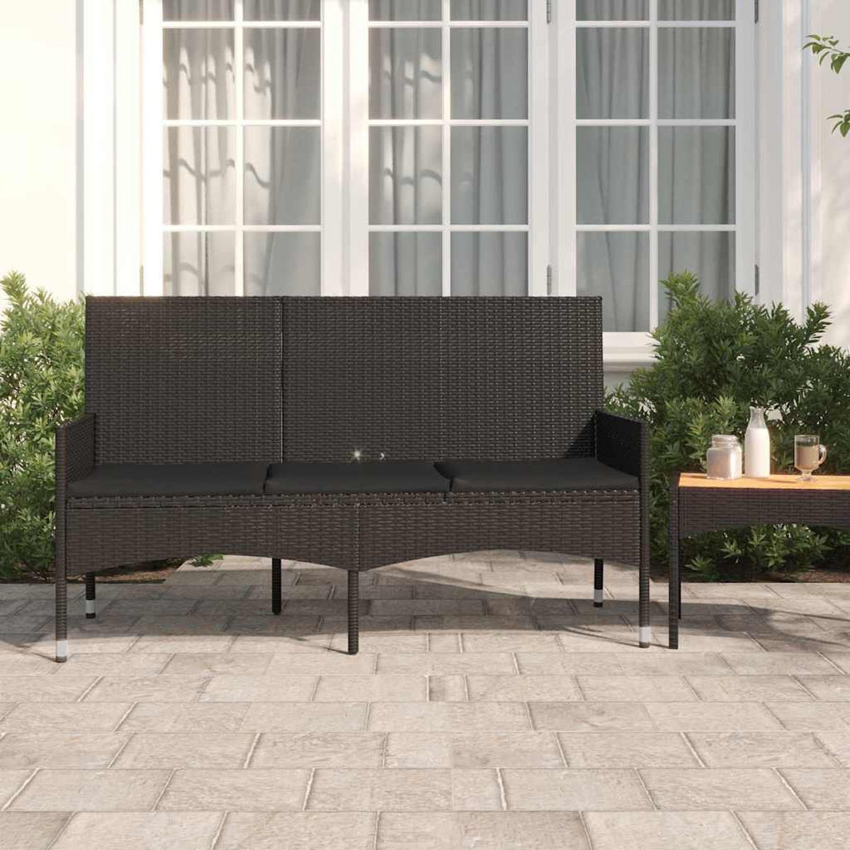 GARTENBANK 3-Sitzer mit Kissen Schwarz Poly Rattan - Schwarz, Holz (140/85/51cm) - furnicato