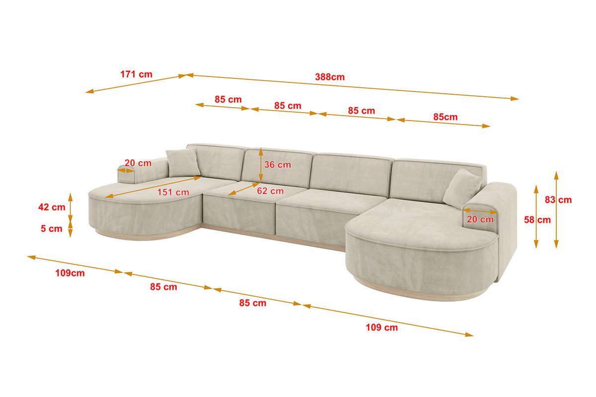 WOHNLANDSCHAFT MARI-U2-v1 - 388x171x83 cm Ecru Velours - Ecru, Holzwerkstoff/Textil (388/83/171cm) - ALTDECOR