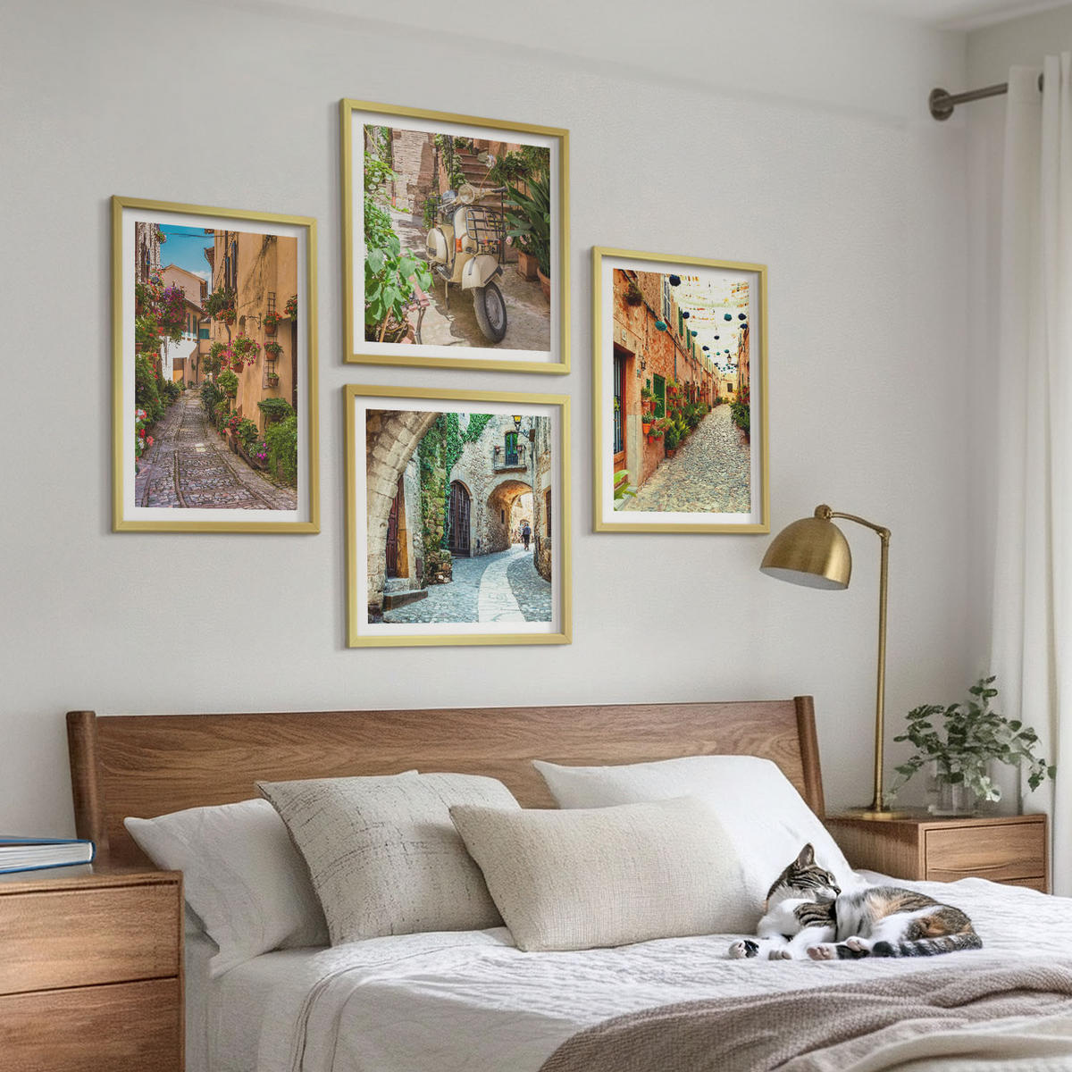 BILDER SET 4er Set - 50x50 cm & 40x60 cm Goldrahmen - Charmante italienische Straßen und Blumen - Goldfarben, Kunststoff (50/50cm) - TULUP