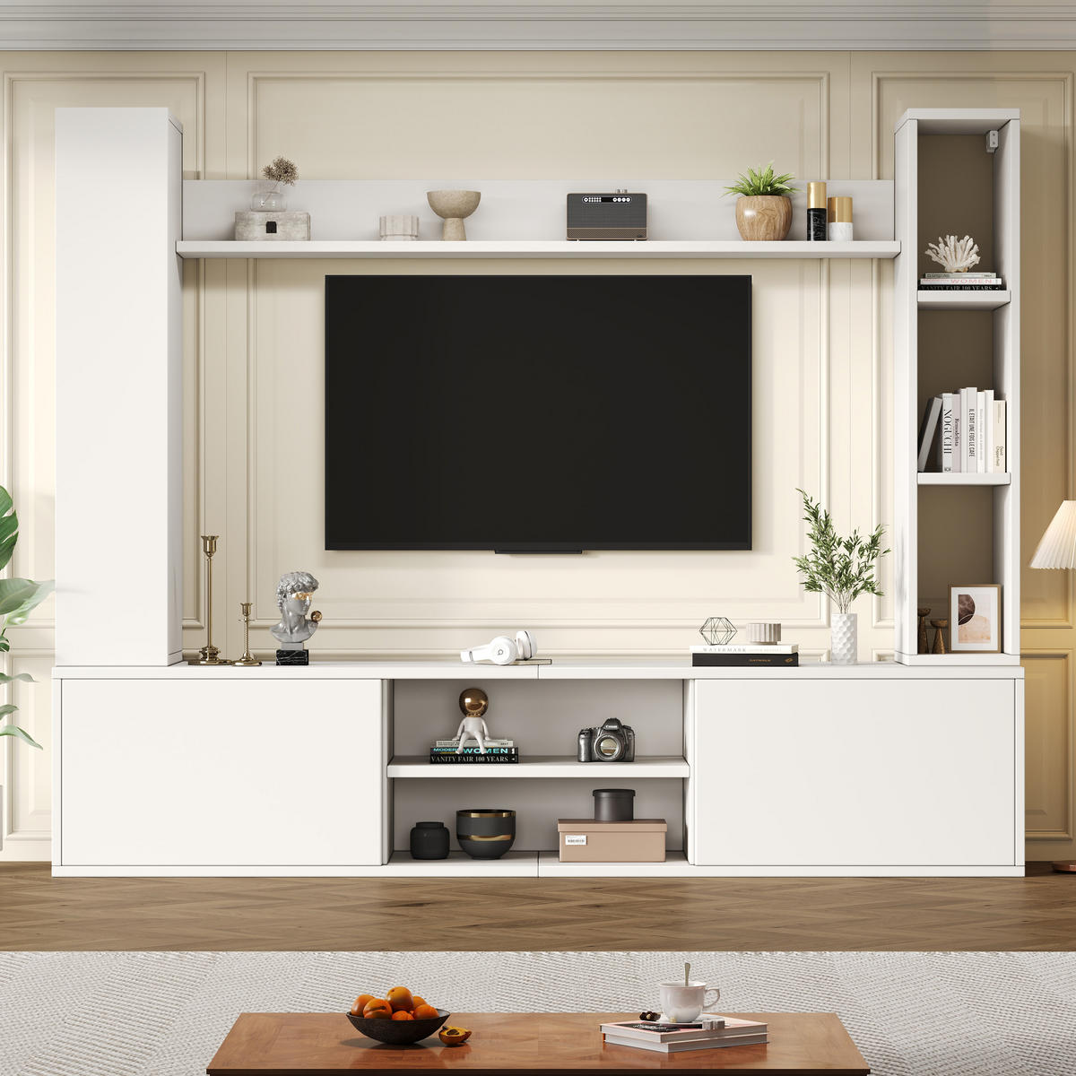 ANBAUWAND in Weiß TV Wohnwand-set inkl. TV-Board, Standregal und 2 Wandregal für Wohnzimmer, B180/T35/H33.5cm - Weiß, Holzwerkstoff/Metall (180/90/35cm) - STILVORA