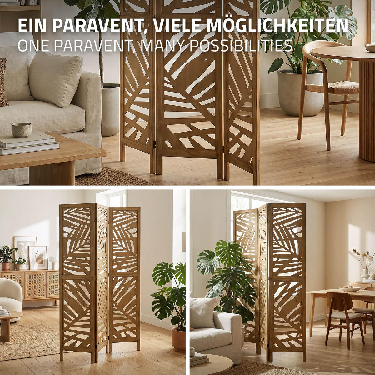 PARAVENT 3dílný Kyoto 170x121 cm přírodní ze dřeva - hnědá, dřevo (121/170/2cm) - ML-DESIGN