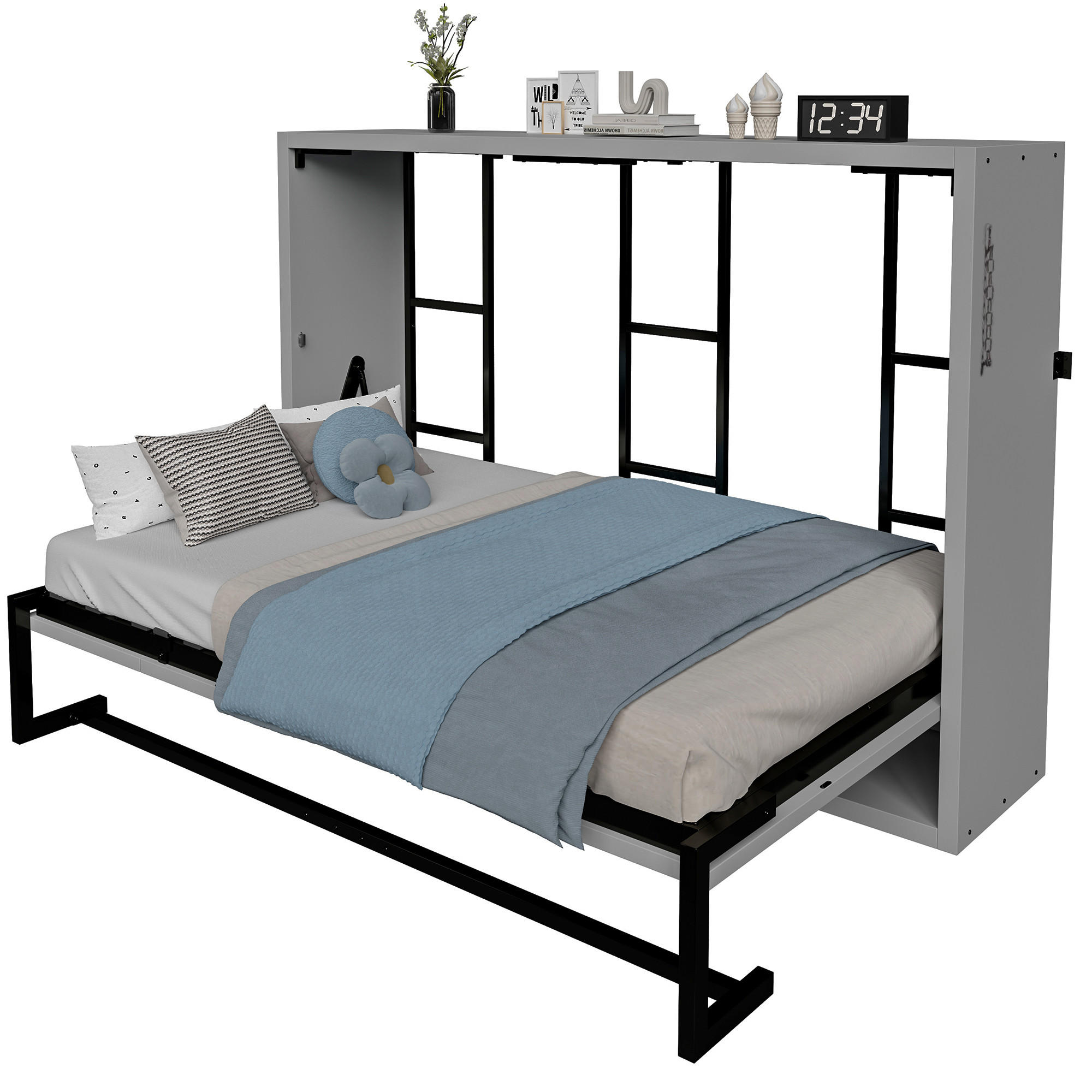 KLAPPBETT 140/200 cm in Grau Metall und Holz mit Wandverriegelung - Grau, Holzwerkstoff/Metall (140/200cm) - WISHDOR