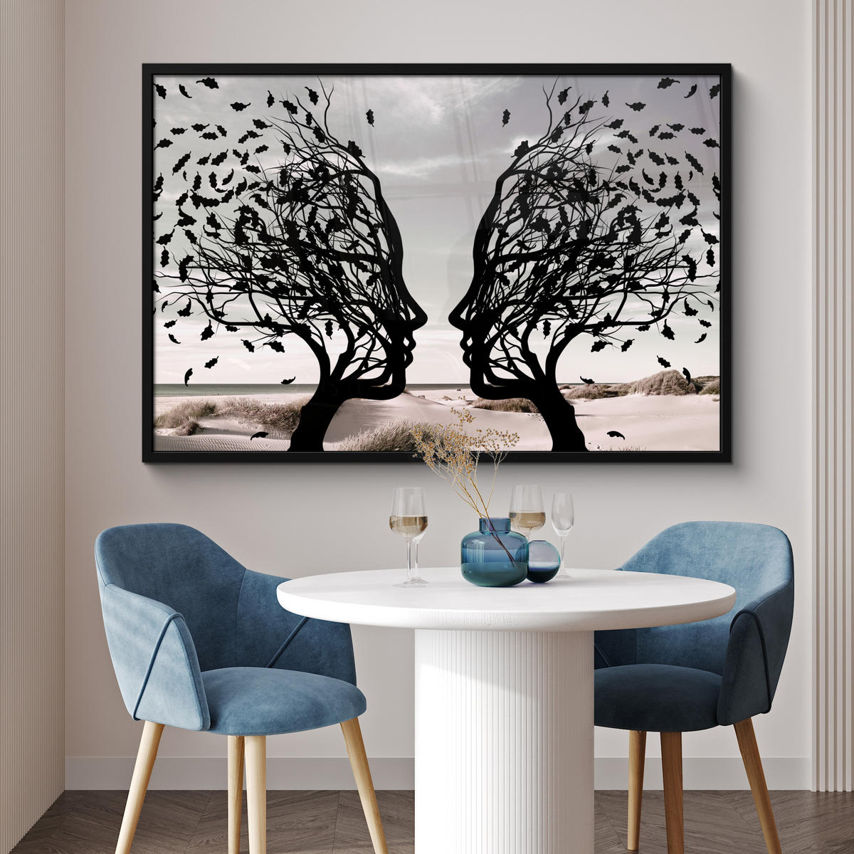 POSTER MIT RAHMENGERAHMTES BILD Strand - Meer - Menschen - Baum - Moderne Kunst 120x80 cm - Hellgrau, Papier (120/80cm) - MuchoWow